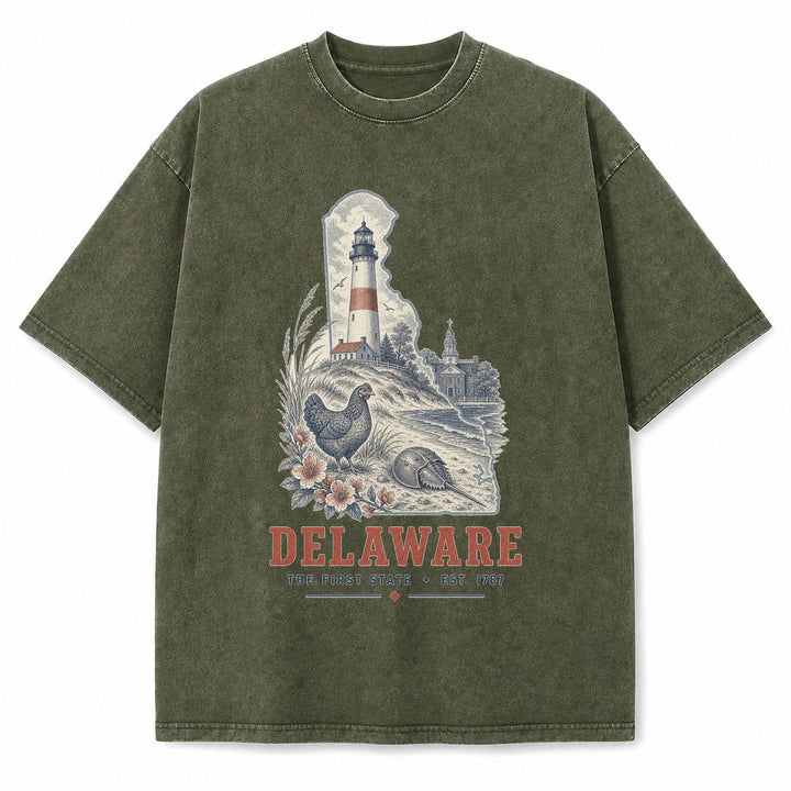 Vintage Washed Delaware Lighthouse Graphic Tee in Military Green, front view on a white background
