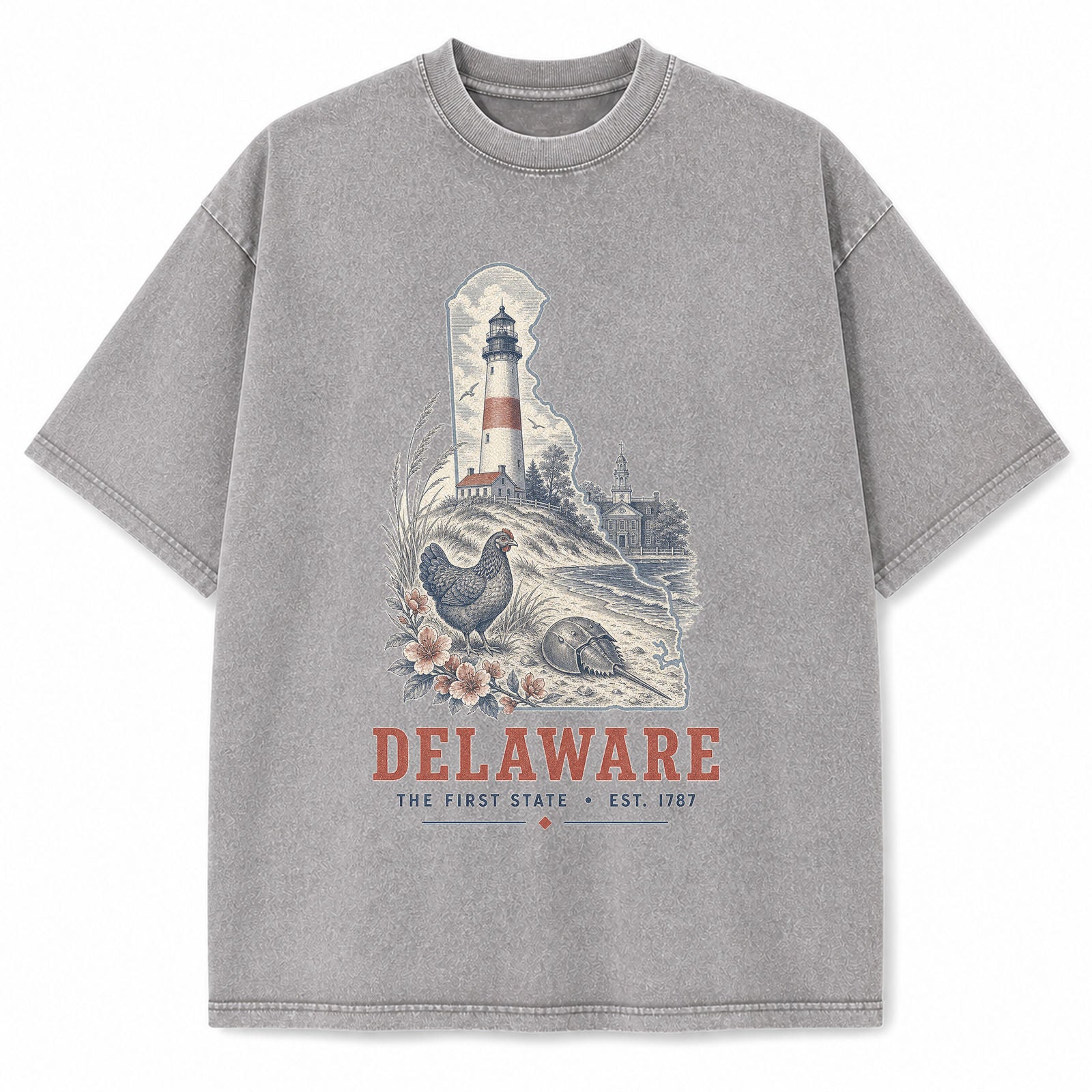 Vintage Washed Delaware Lighthouse Graphic Tee in Light Gray, front view on a white background