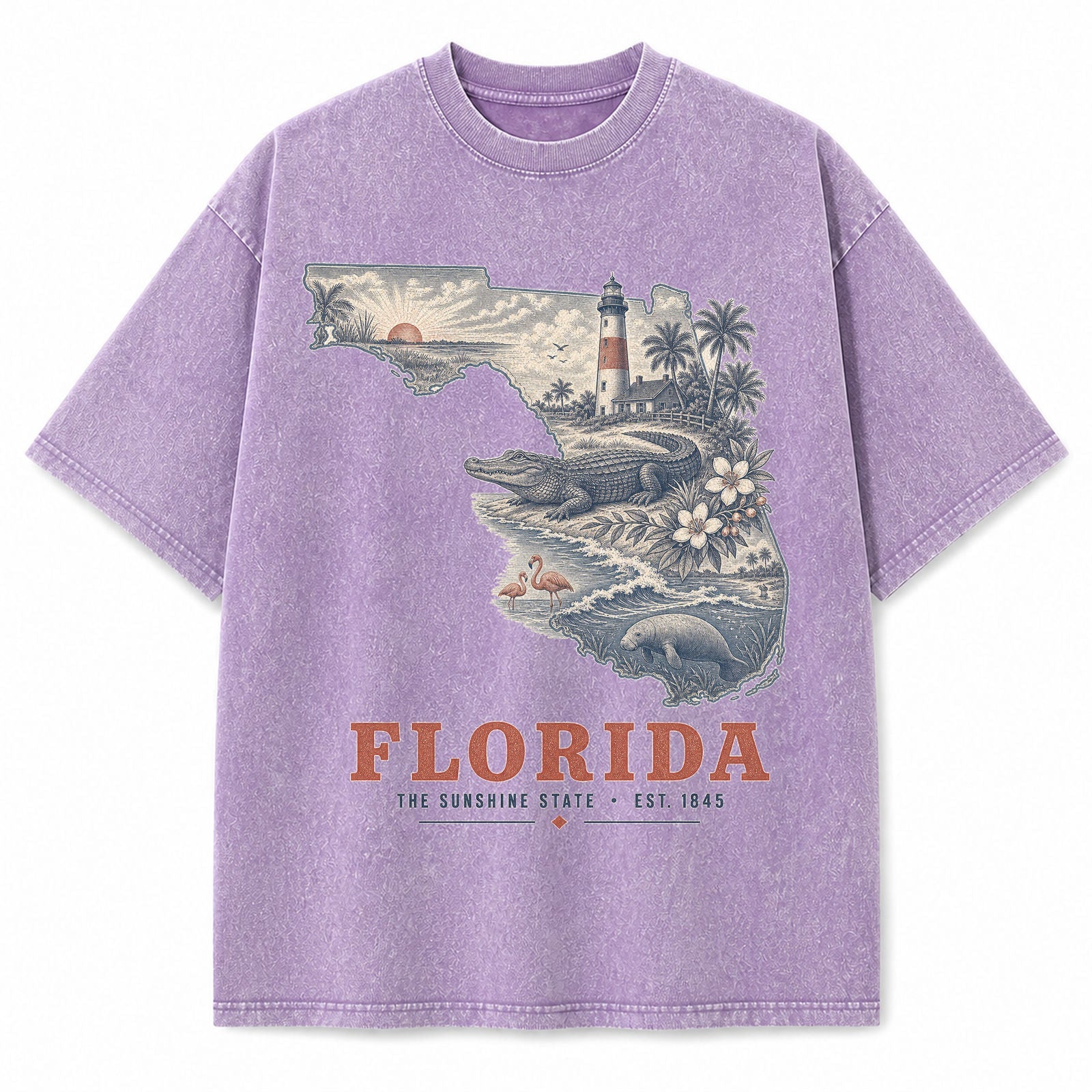 Vintage Washed Florida Coastal Graphic Tee in Purple, front view on a white background