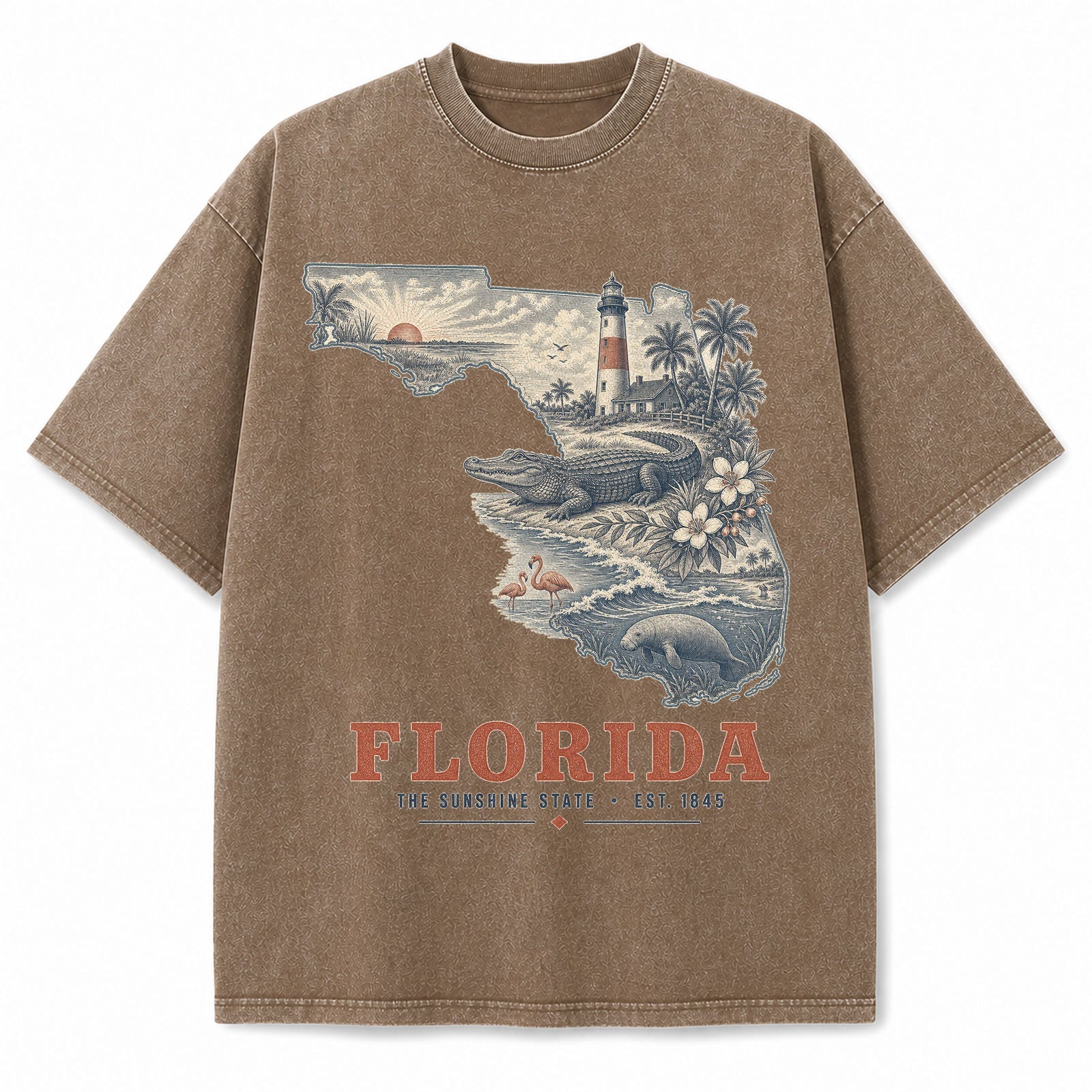 Vintage Washed Florida Coastal Graphic Tee in Brown, front view on a white background