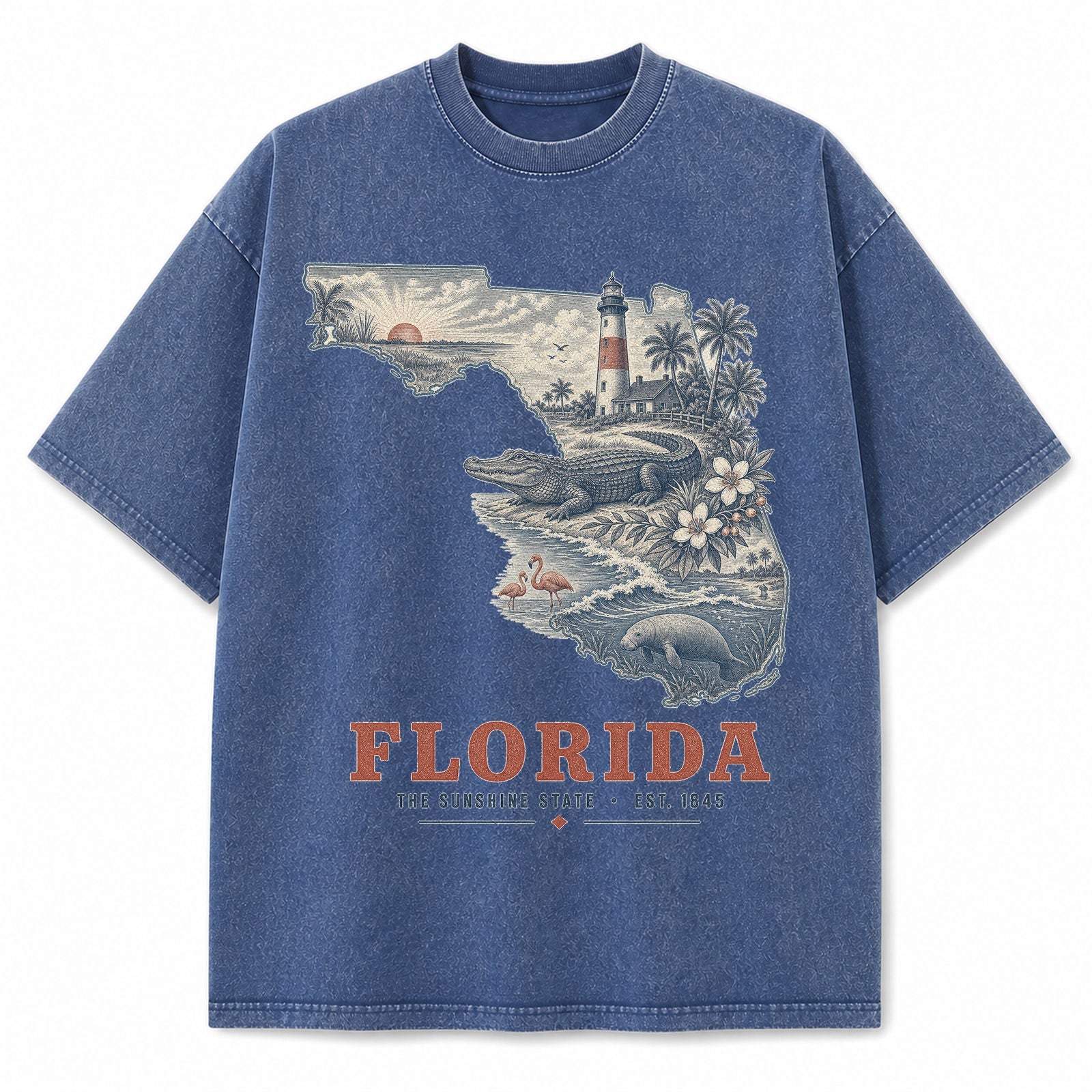 Vintage Washed Florida Coastal Graphic Tee in Blue, front view on a white background