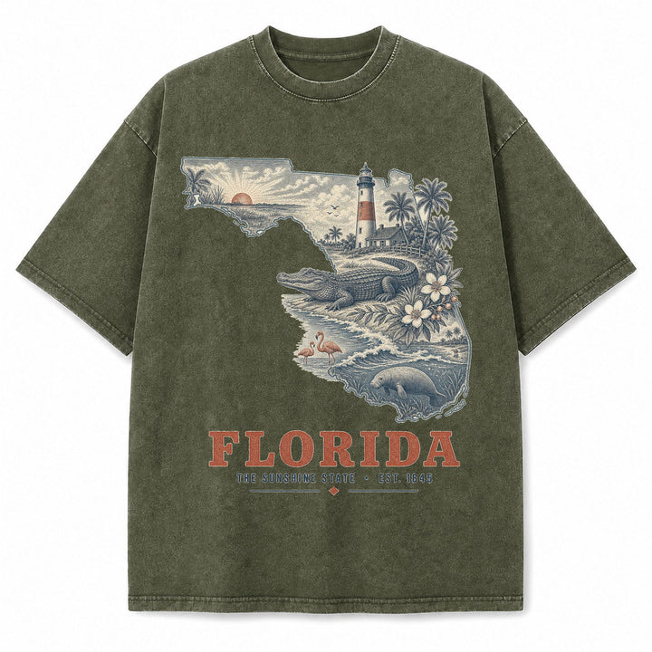 Vintage Washed Florida Coastal Graphic Tee in Military Green, front view on a white background