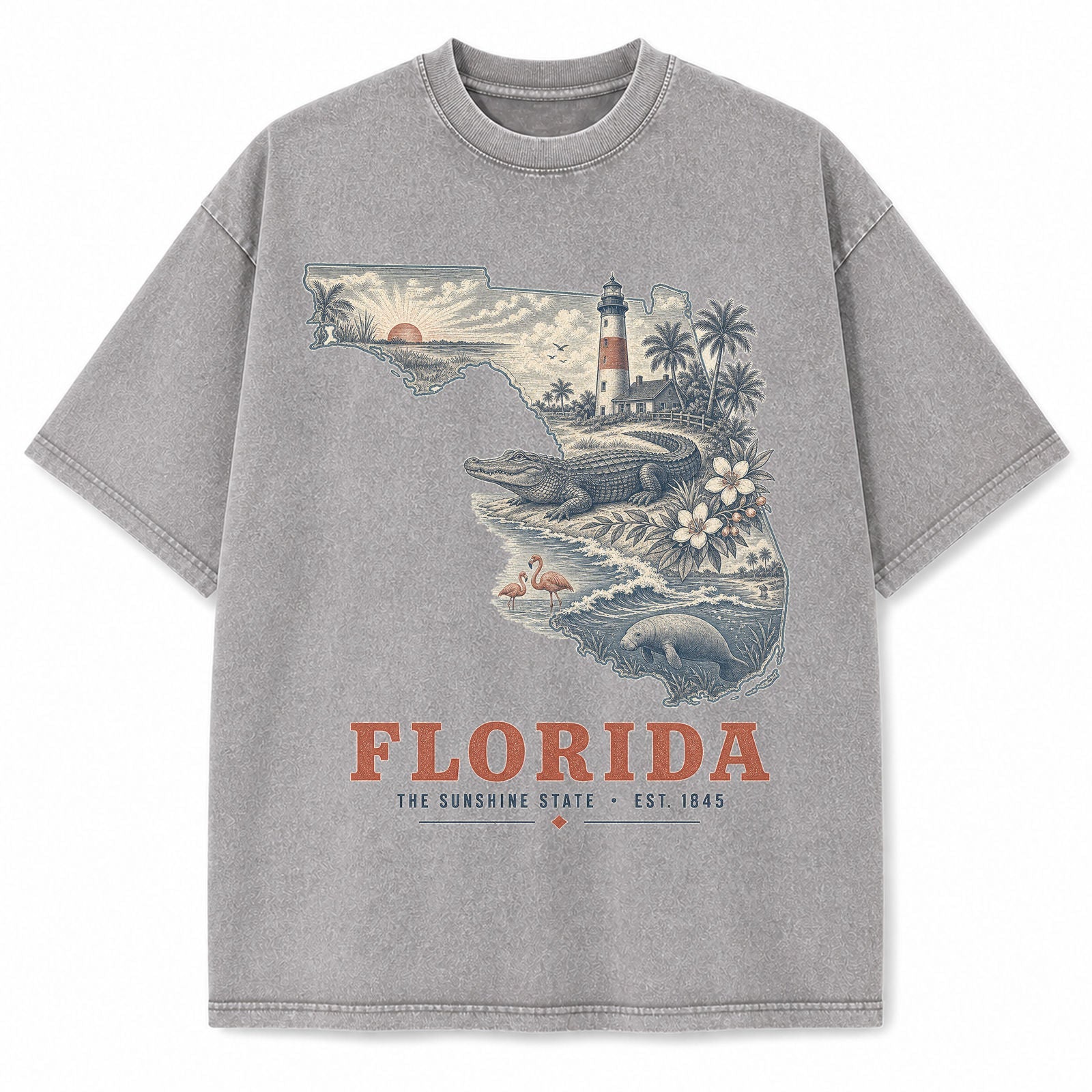 Vintage Washed Florida Coastal Graphic Tee in Light Gray, front view on a white background