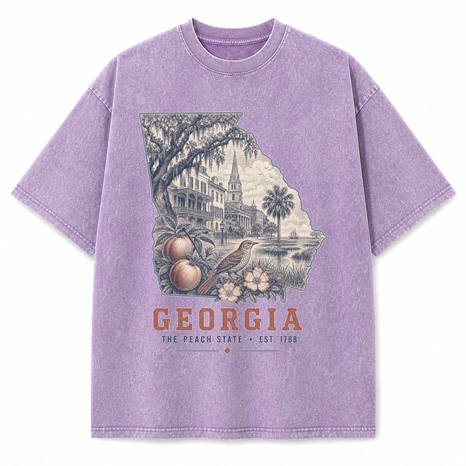 Vintage Washed Georgia Peach Graphic Tee in Purple, front view on a white background