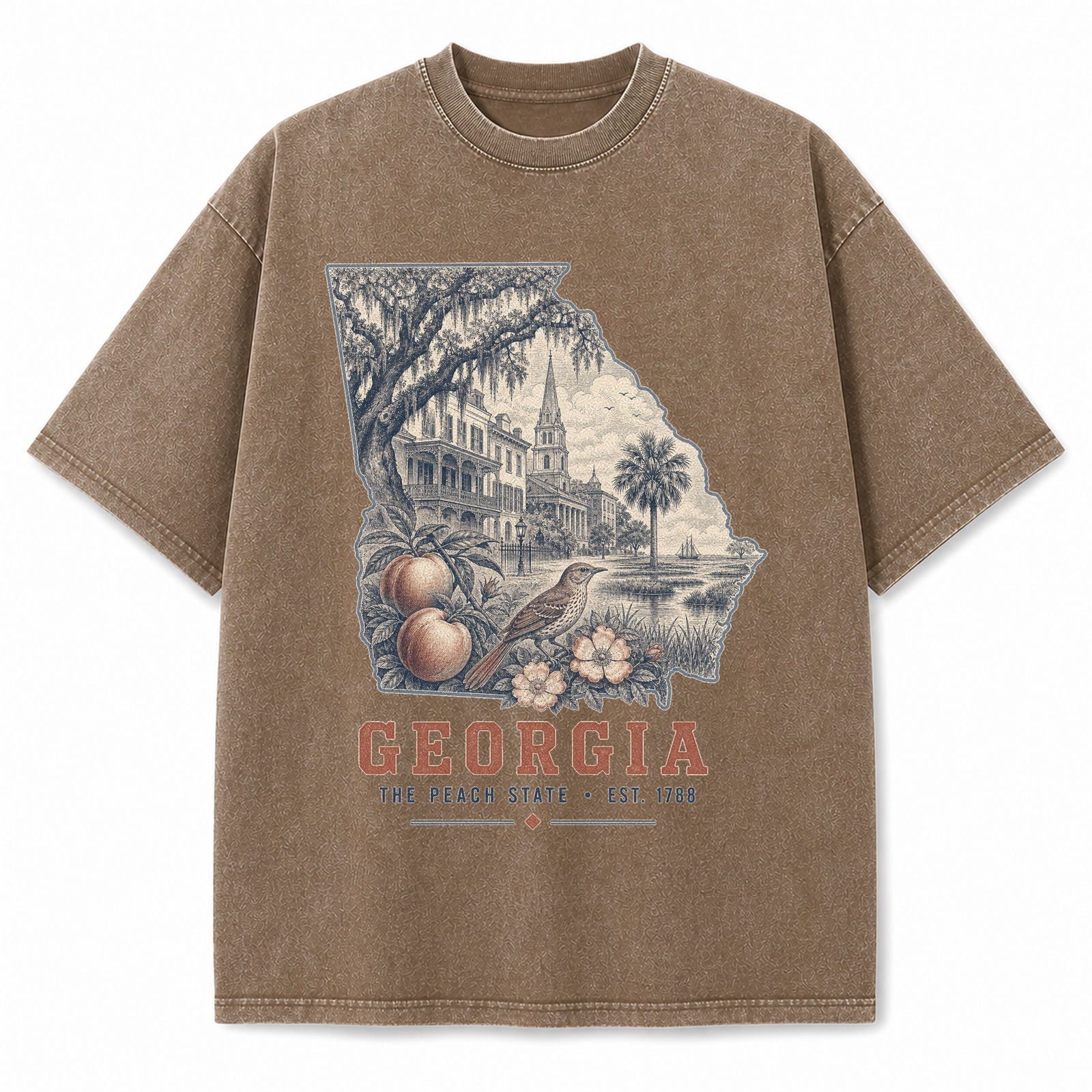Vintage Washed Georgia Peach Graphic Tee in Brown, front view on a white background