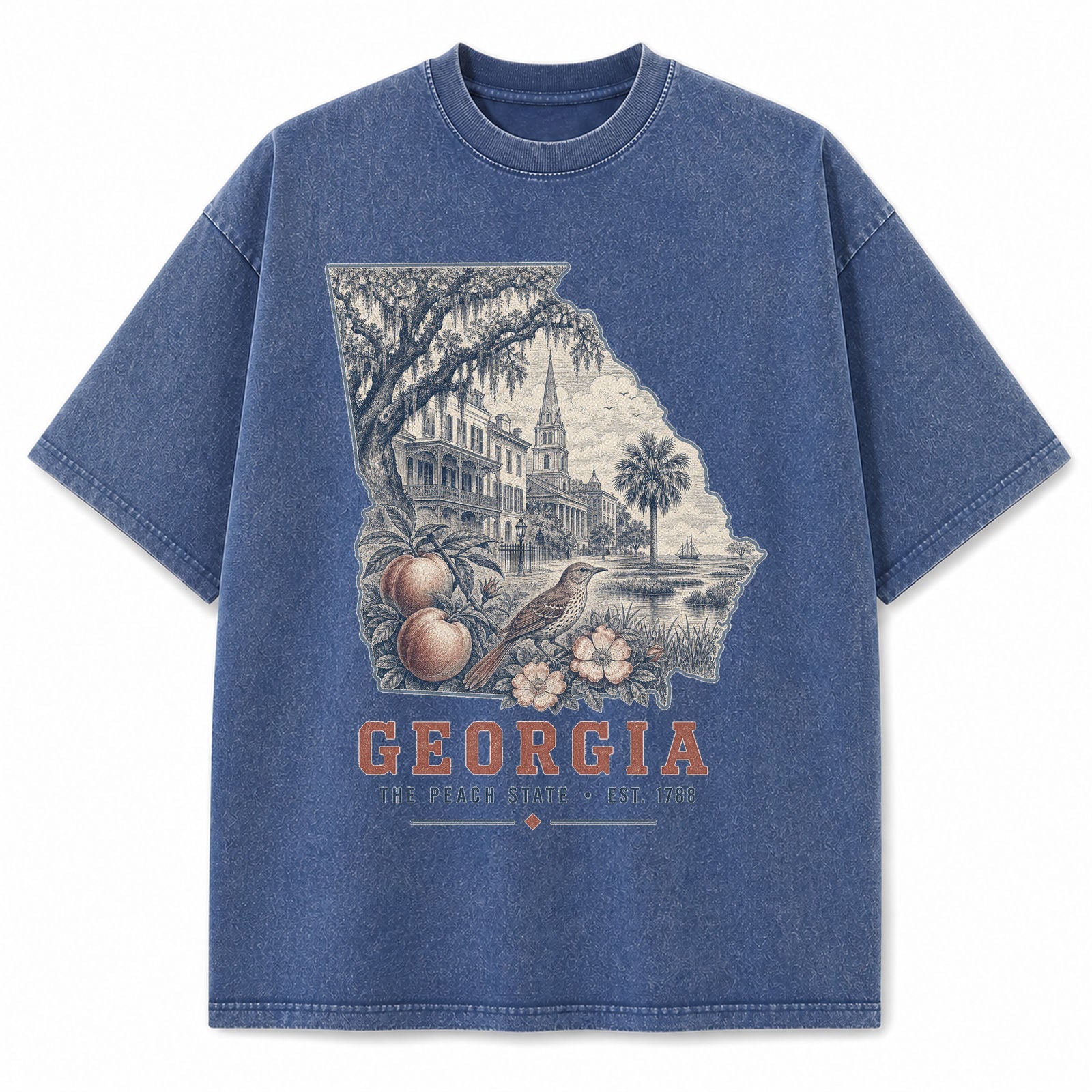 Vintage Washed Georgia Peach Graphic Tee in Blue, front view on a white background