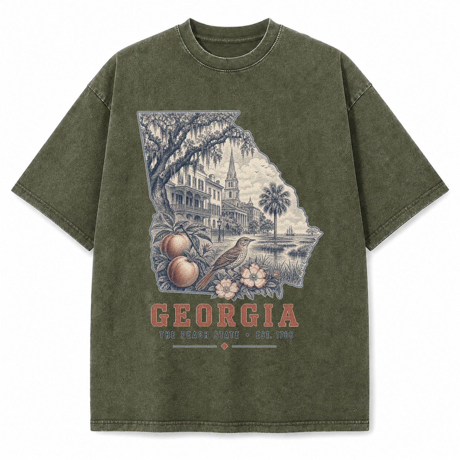 Vintage Washed Georgia Peach Graphic Tee in Military Green, front view on a white background