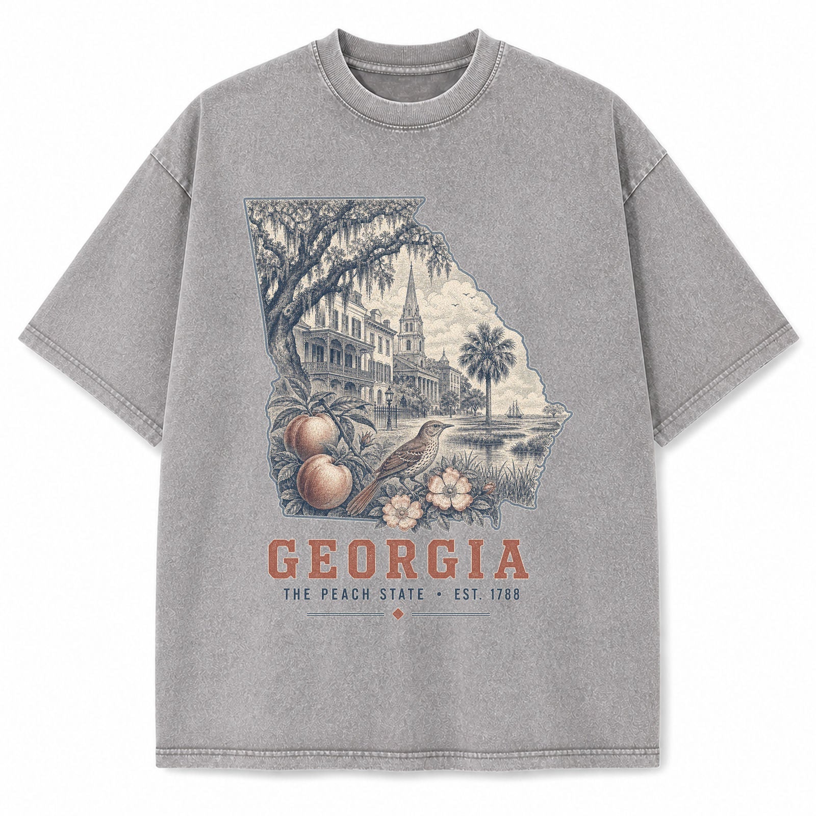 Vintage Washed Georgia Peach Graphic Tee in Light Gray, front view on a white background
