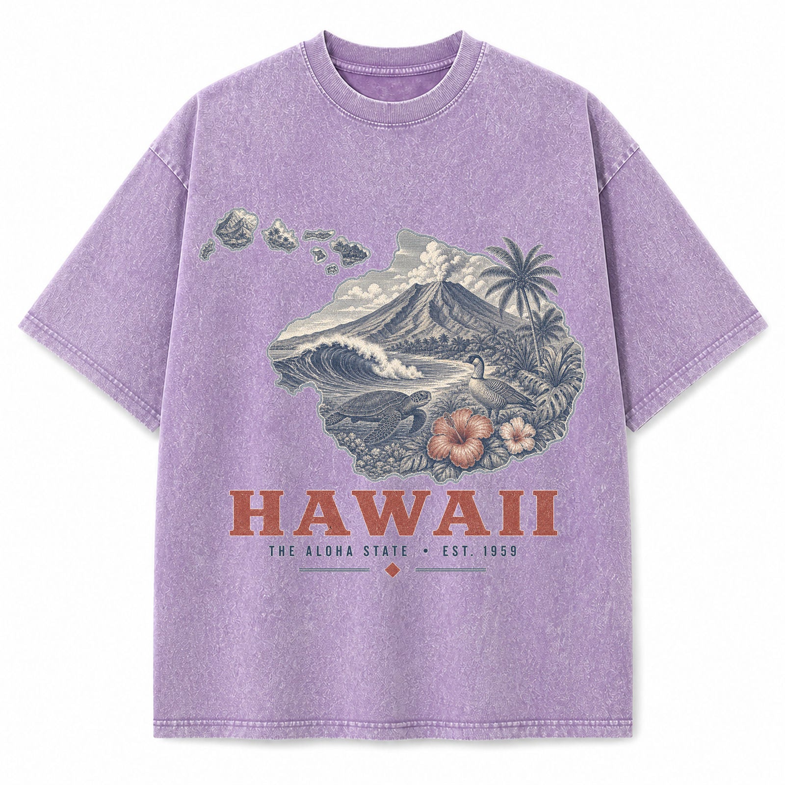Vintage Washed Hawaii Volcano Graphic Tee in Purple, front view on a white background