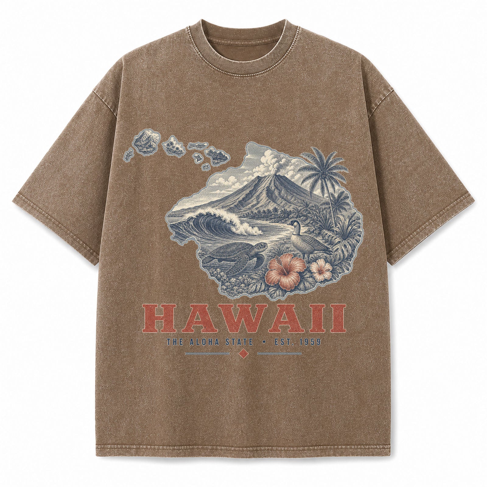 Vintage Washed Hawaii Volcano Graphic Tee in Brown, front view on a white background