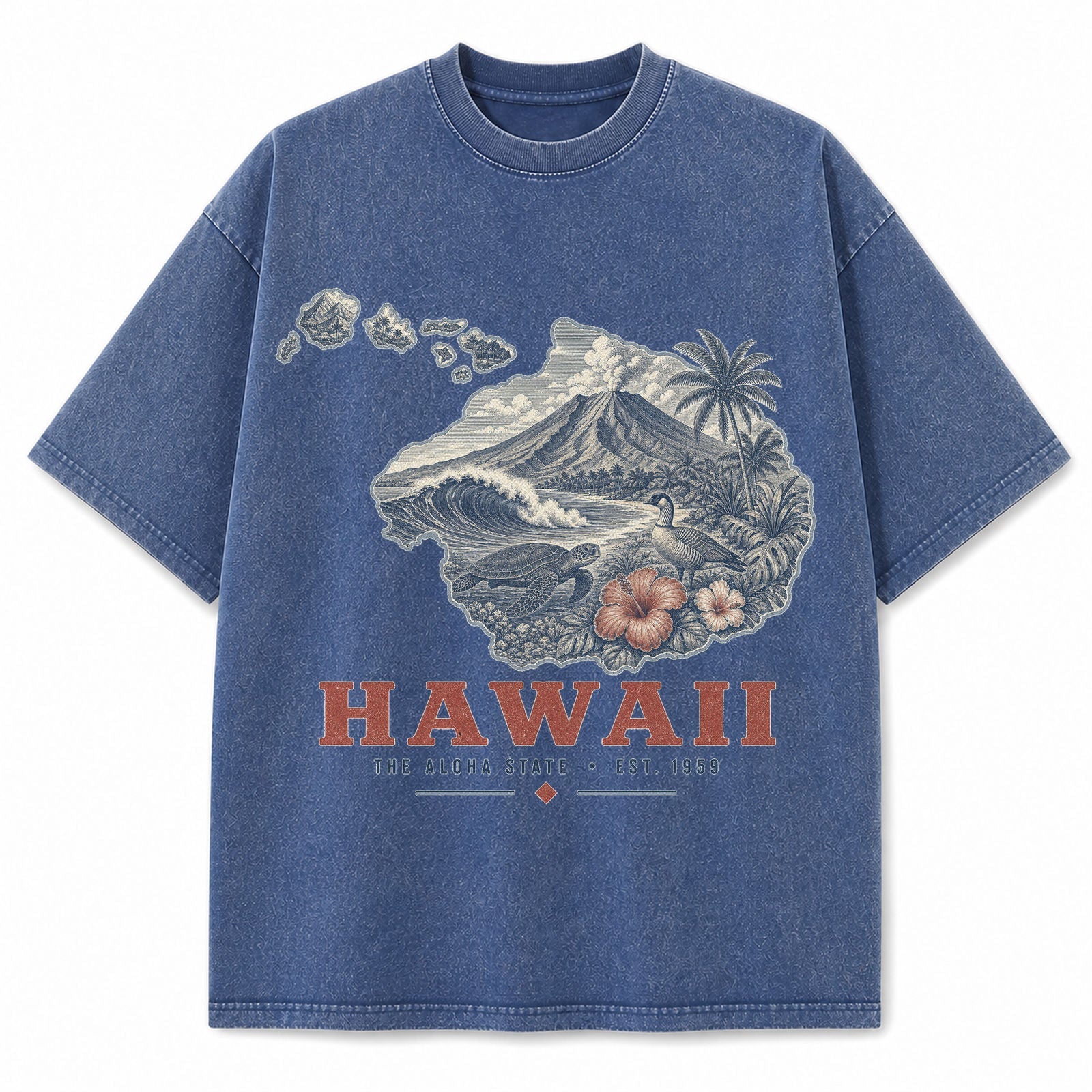 Vintage Washed Hawaii Volcano Graphic Tee in Blue, front view on a white background