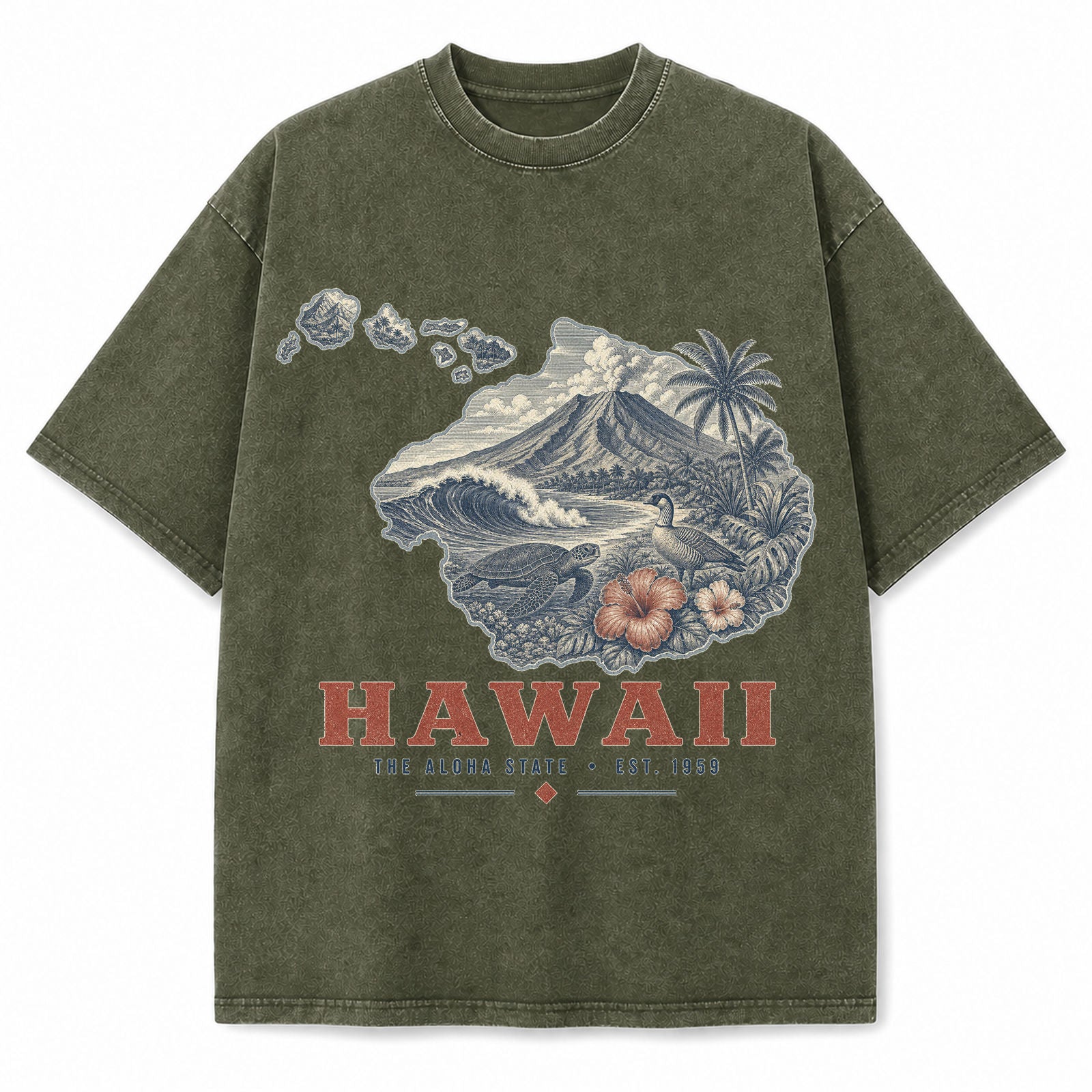 Vintage Washed Hawaii Volcano Graphic Tee in Military Green, front view on a white background