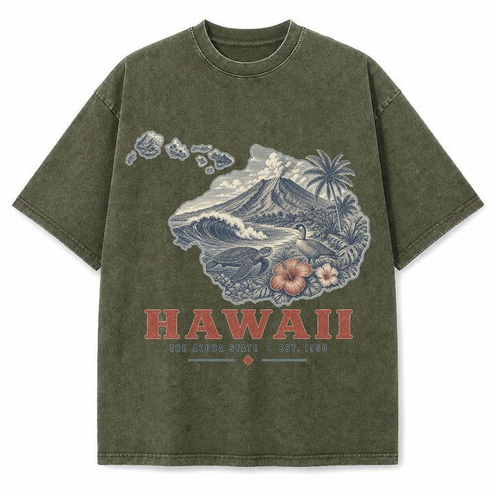 Vintage Washed Hawaii Volcano Graphic Tee in Military Green, front view on a white background