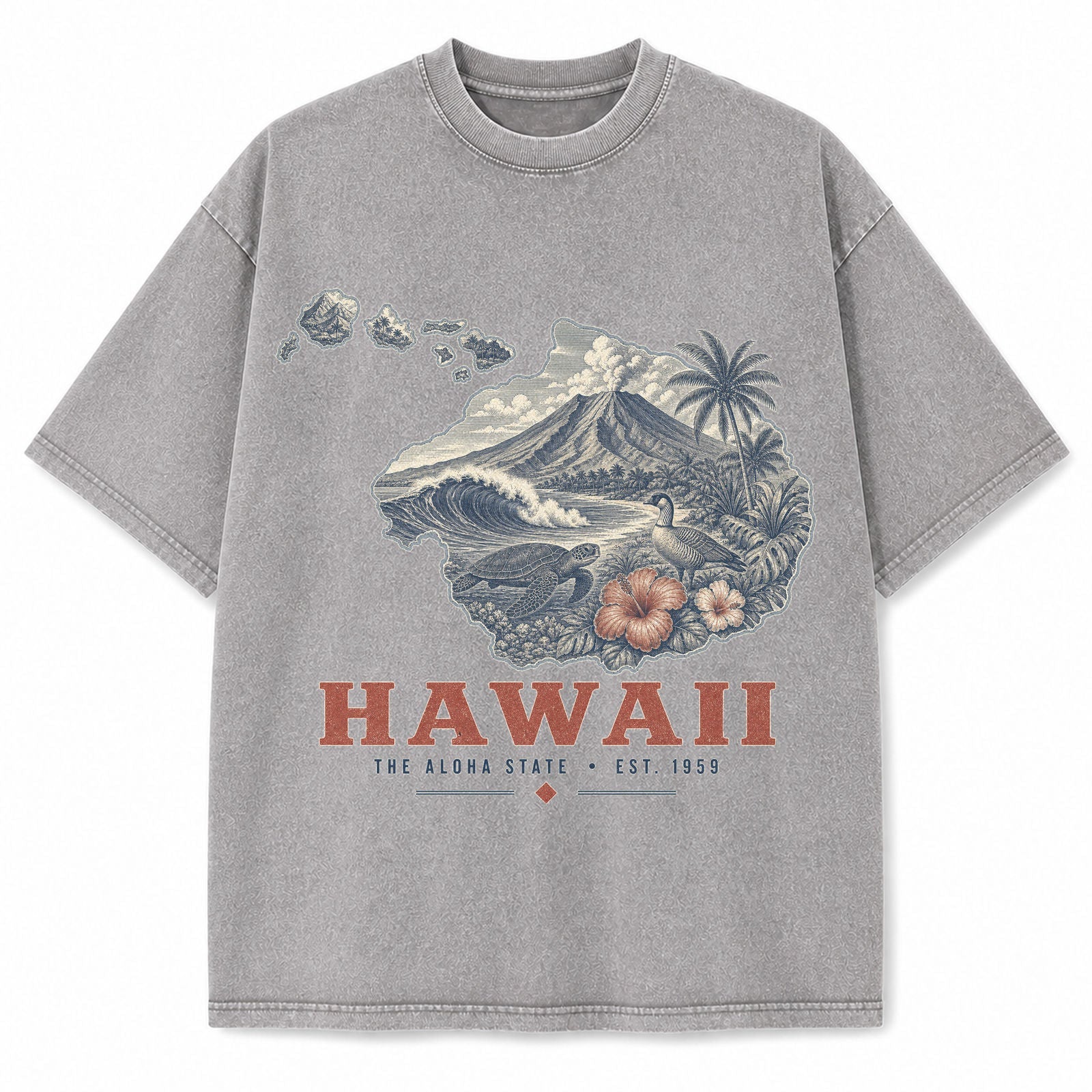 Vintage Washed Hawaii Volcano Graphic Tee in Light Gray, front view on a white background