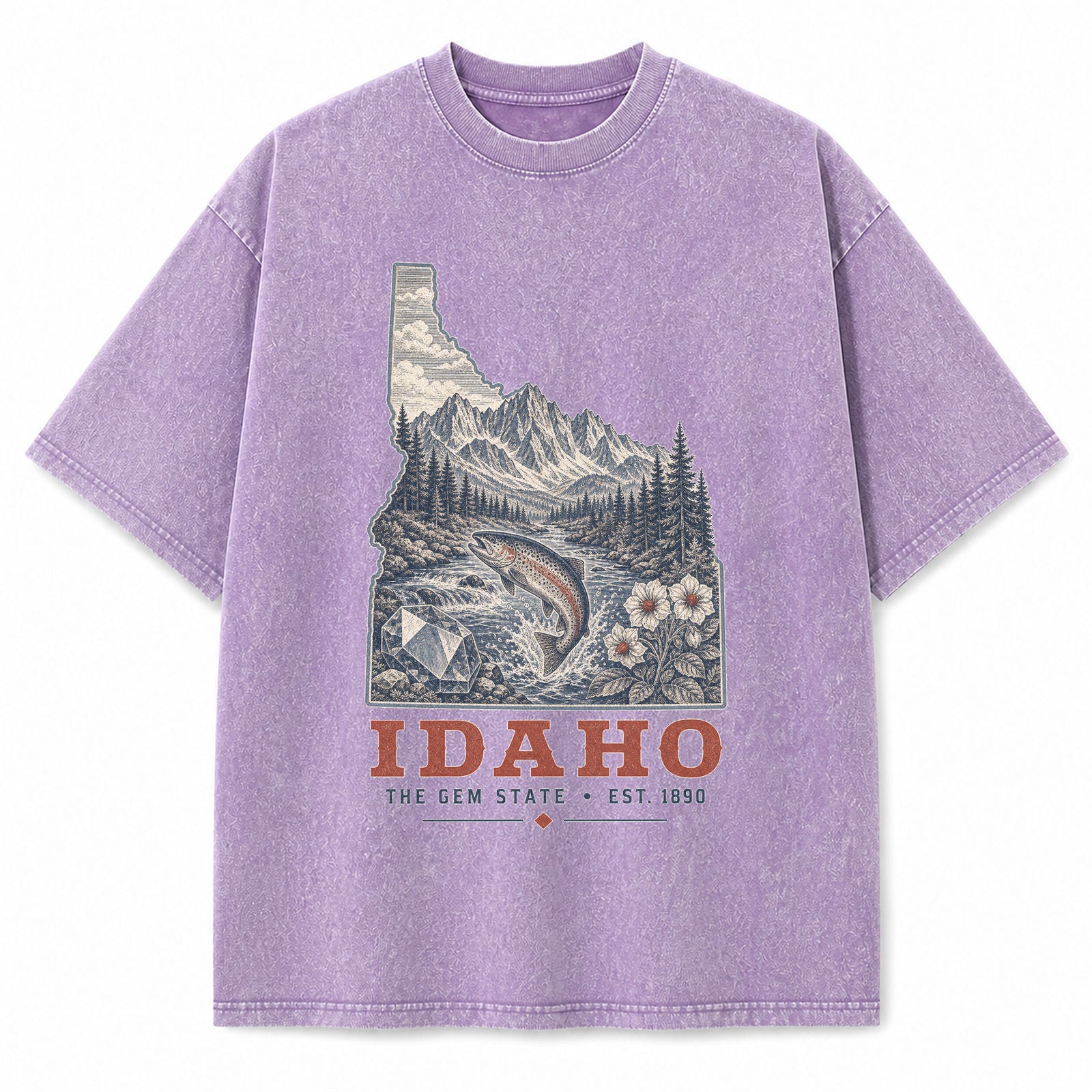 Vintage Washed Idaho Mountain Graphic Tee in Purple, front view on a white background