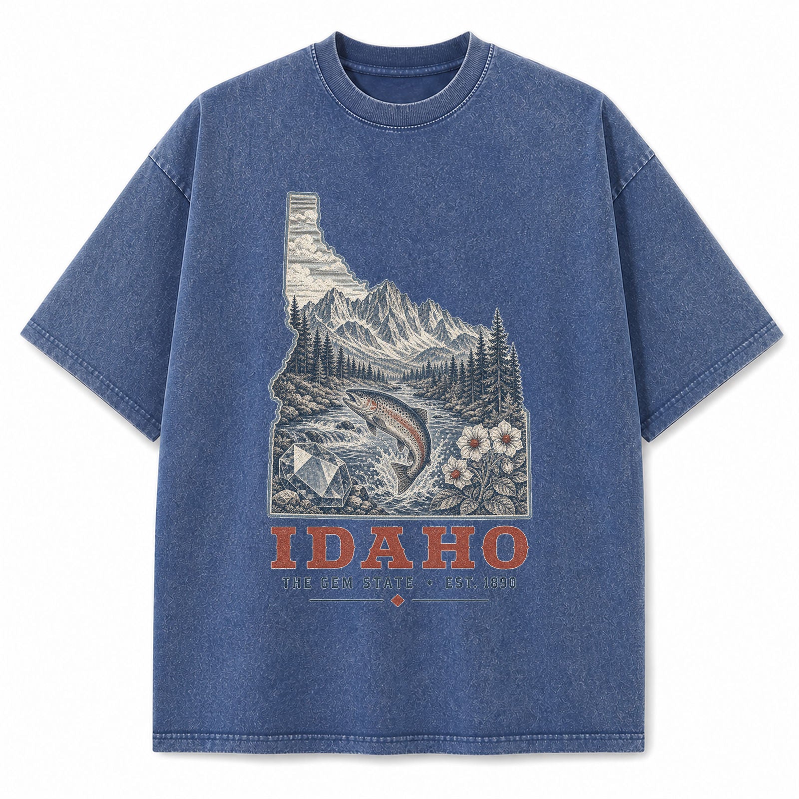Vintage Washed Idaho Mountain Graphic Tee in Blue, front view on a white background