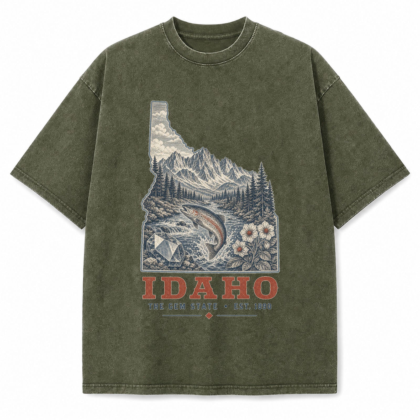 Vintage Washed Idaho Mountain Graphic Tee in Military Green, front view on a white background