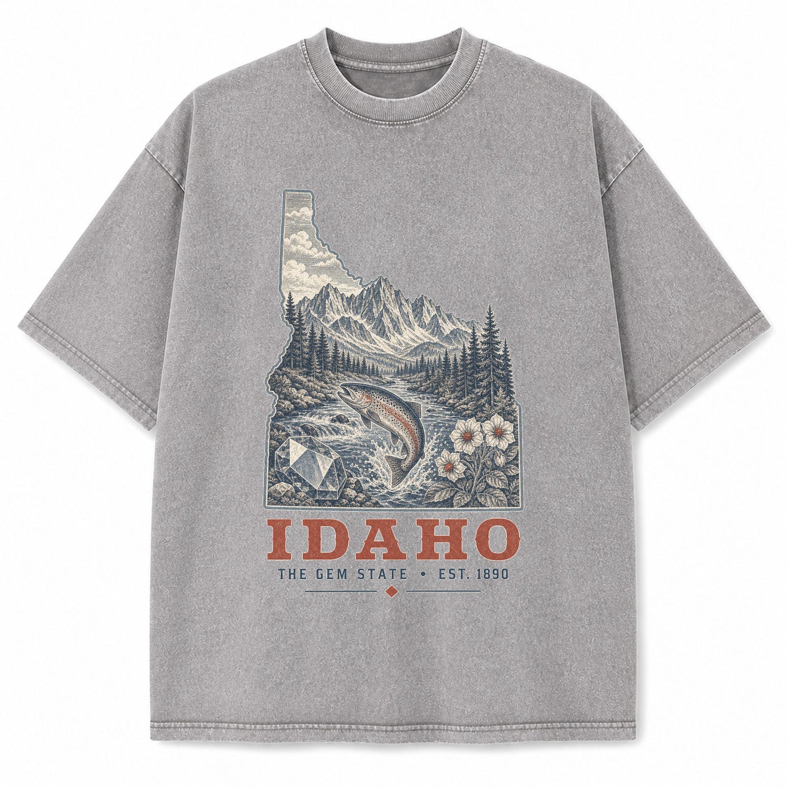 Vintage Washed Idaho Mountain Graphic Tee in Light Gray, front view on a white background