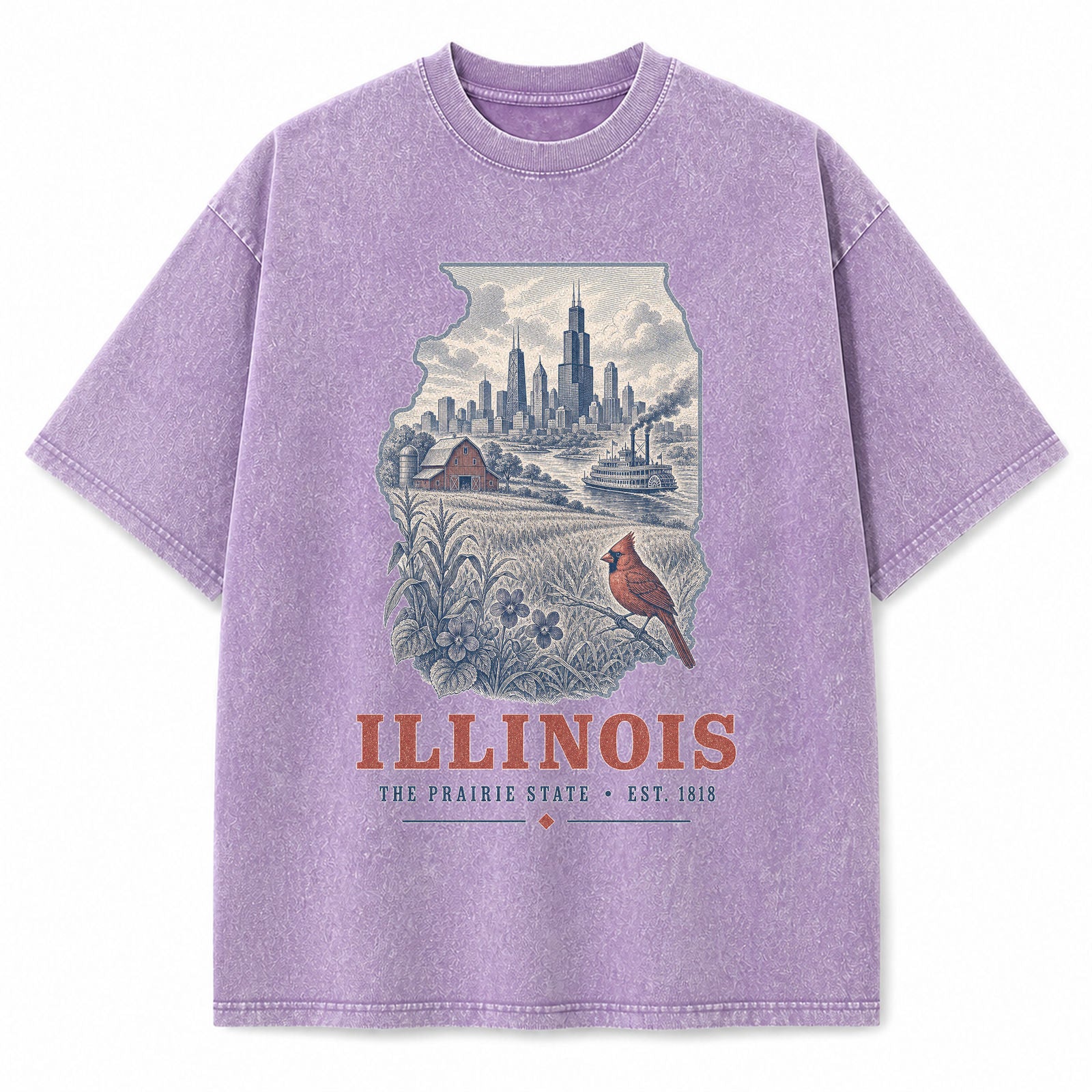 Vintage Washed Illinois Chicago Skyline Graphic Tee in Purple, front view on a white background