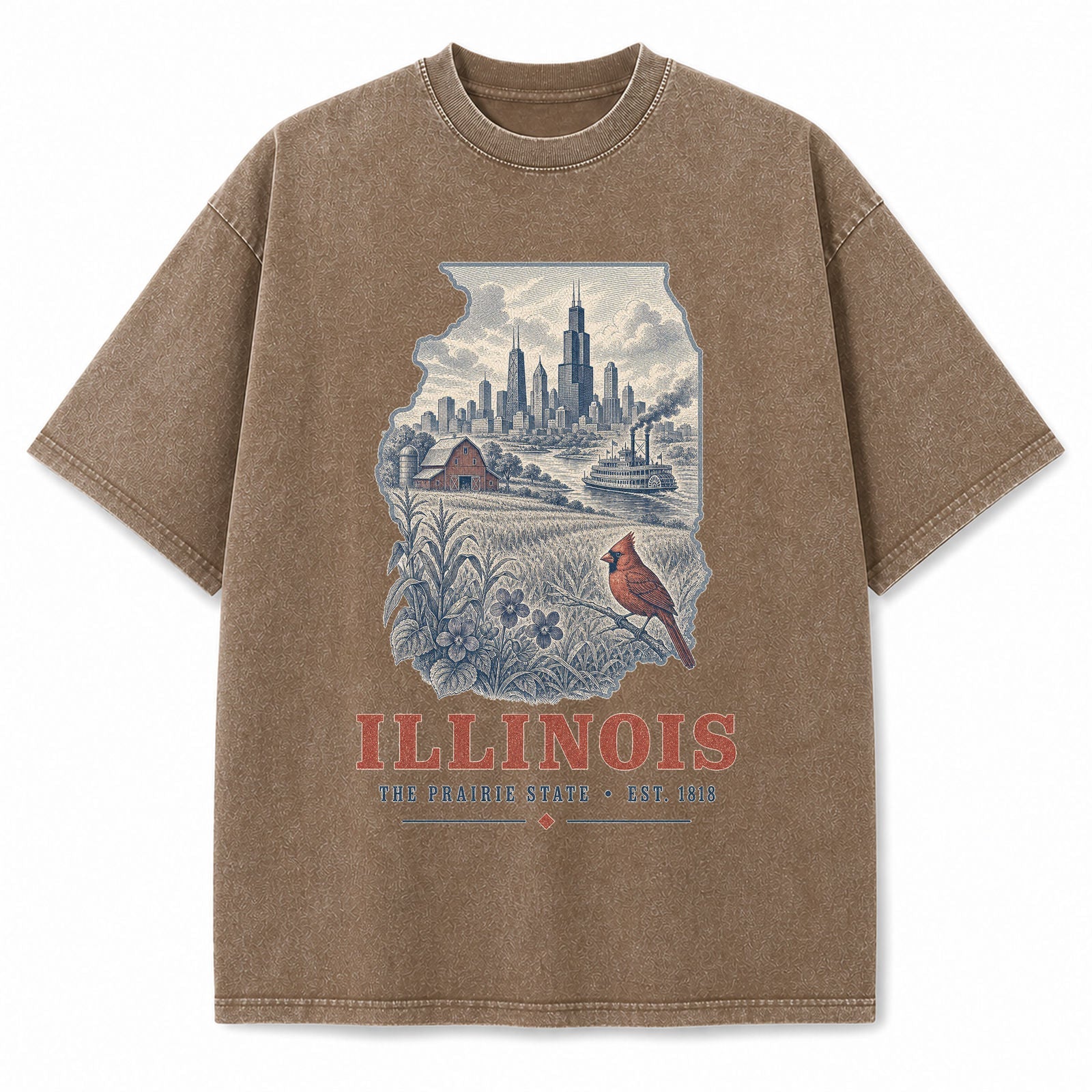 Vintage Washed Illinois Chicago Skyline Graphic Tee in Brown, front view on a white background