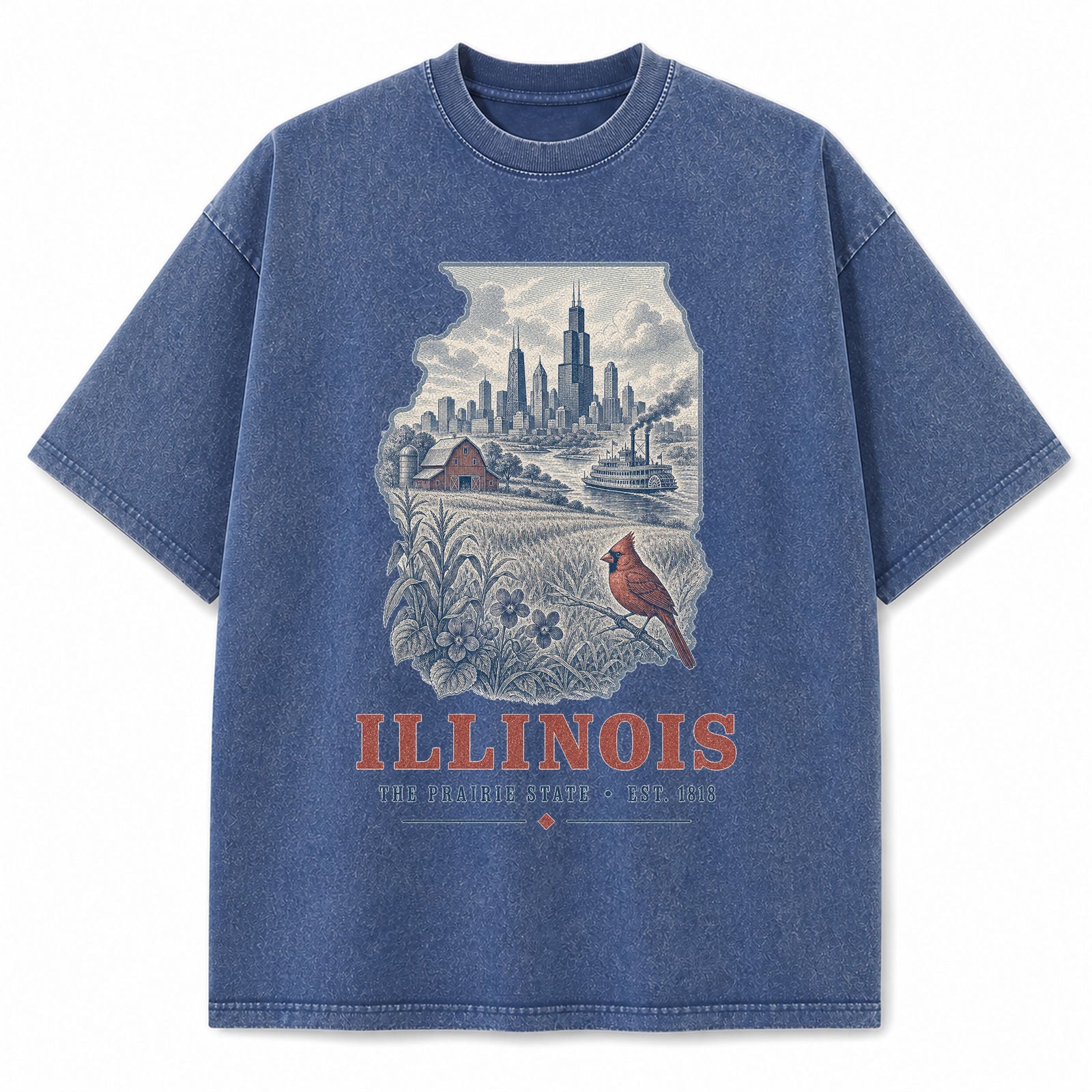 Vintage Washed Illinois Chicago Skyline Graphic Tee in Blue, front view on a white background