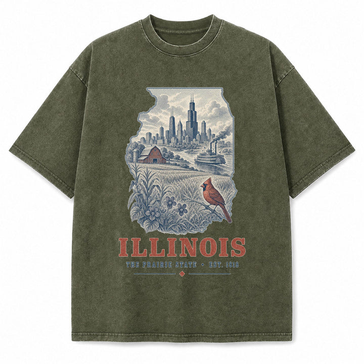 Vintage Washed Illinois Chicago Skyline Graphic Tee in Military Green, front view on a white background