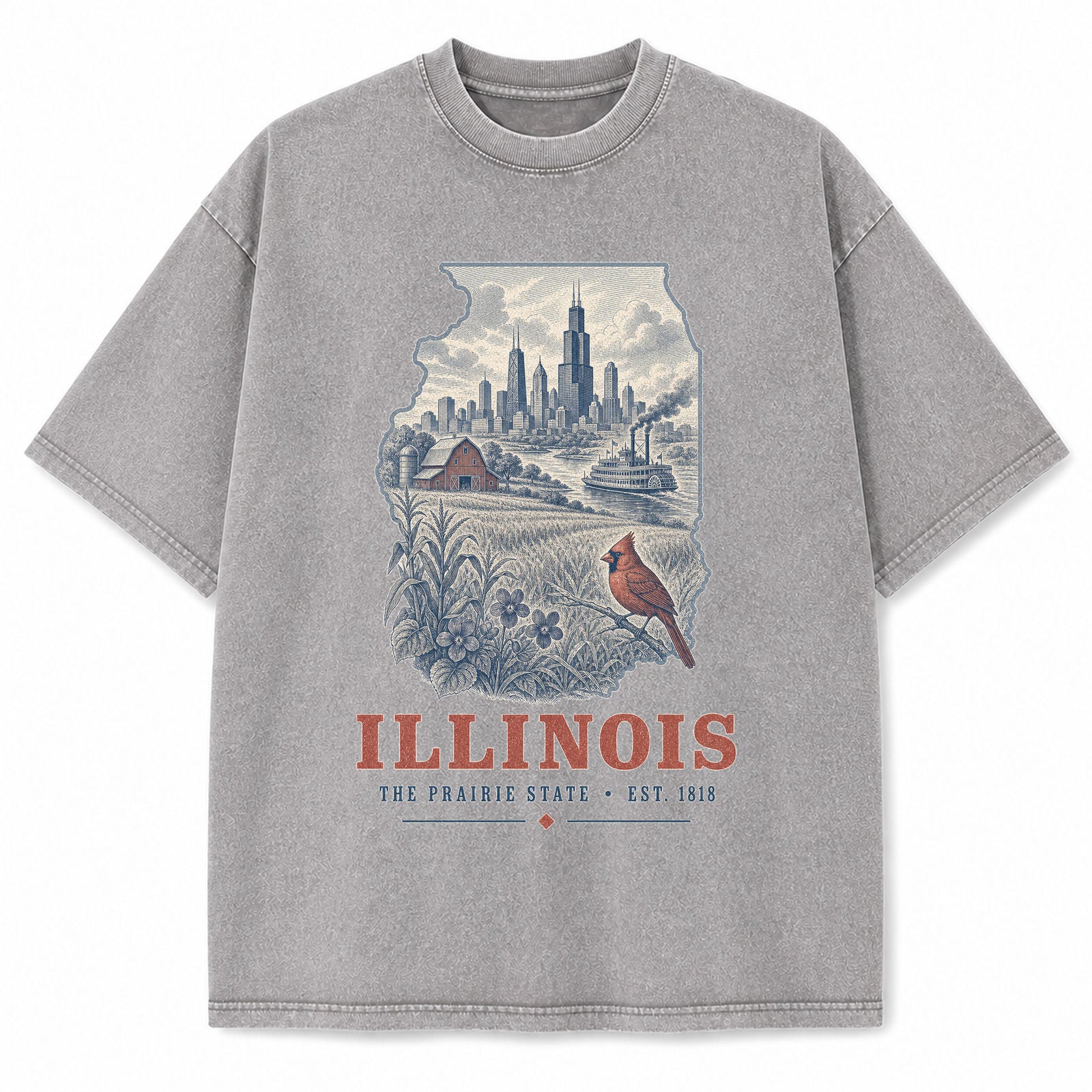 Vintage Washed Illinois Chicago Skyline Graphic Tee in Light Gray, front view on a white background