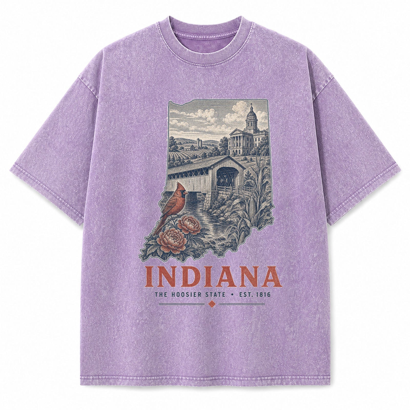 Vintage Washed Indiana Covered Bridge Graphic Tee in Purple, front view on a white background