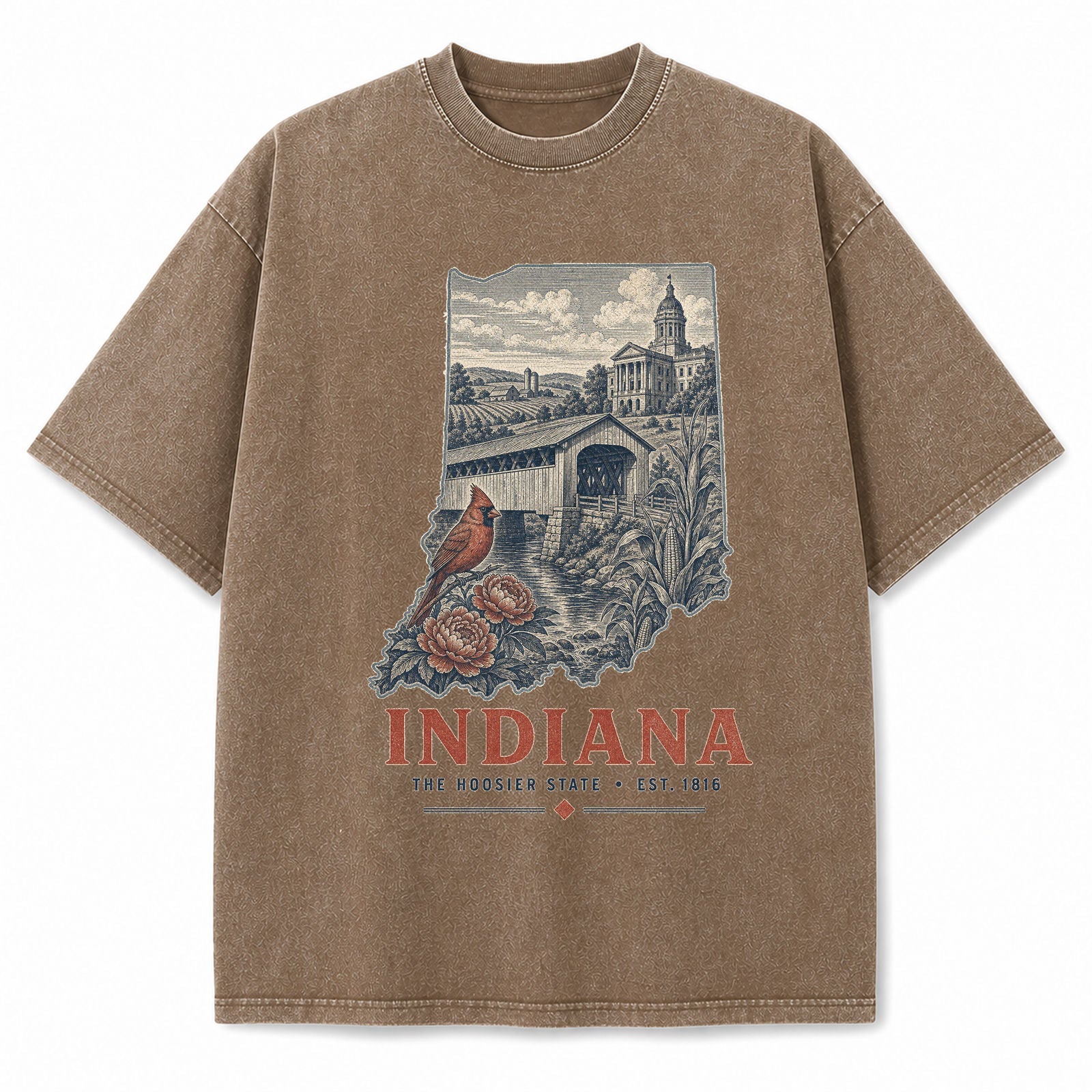 Vintage Washed Indiana Covered Bridge Graphic Tee in Brown, front view on a white background