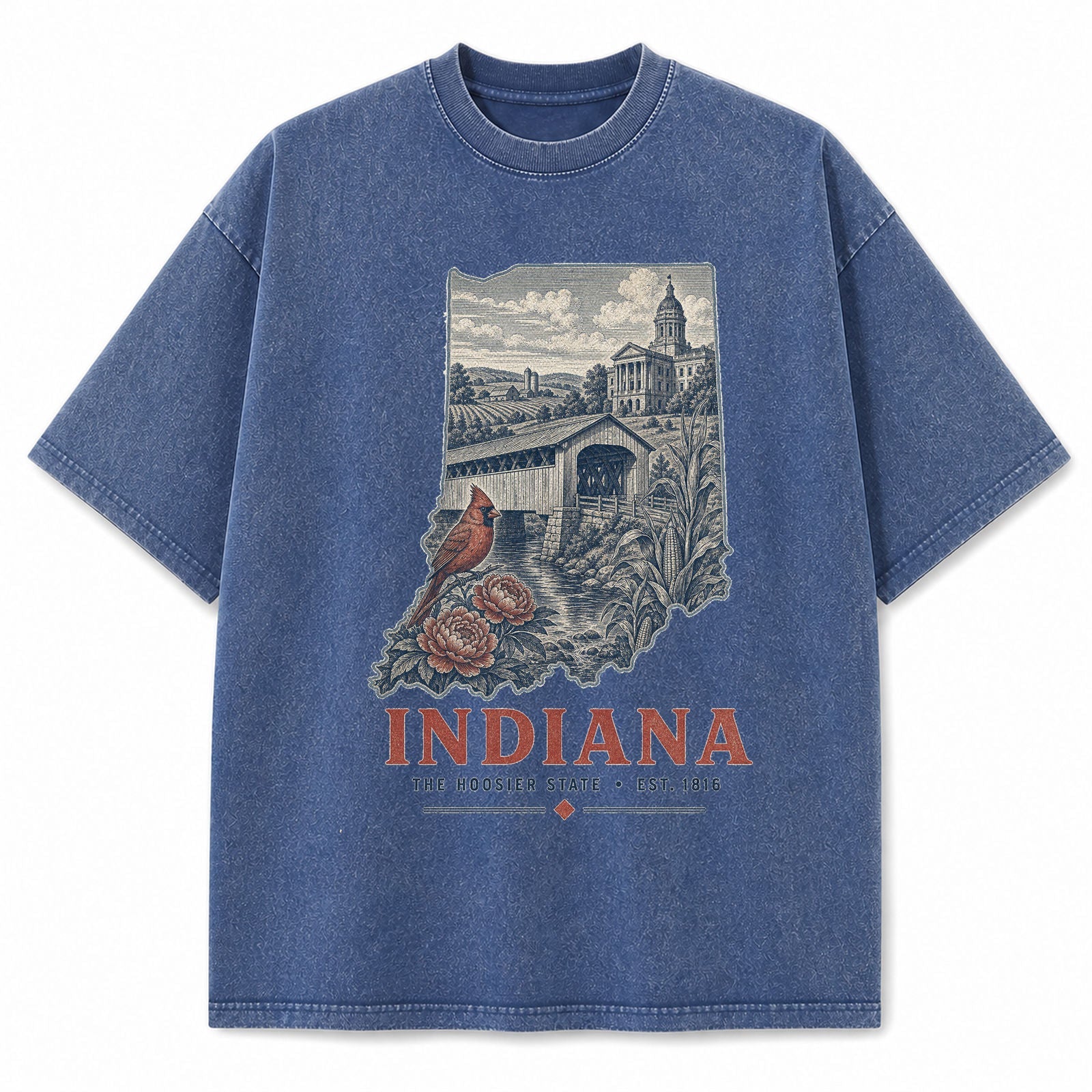 Vintage Washed Indiana Covered Bridge Graphic Tee in Blue, front view on a white background