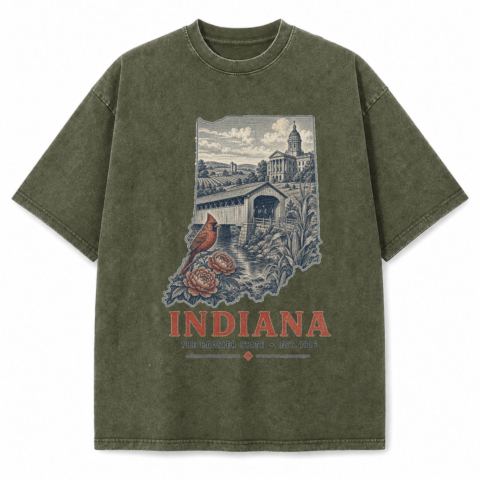 Vintage Washed Indiana Covered Bridge Graphic Tee in Military Green, front view on a white background