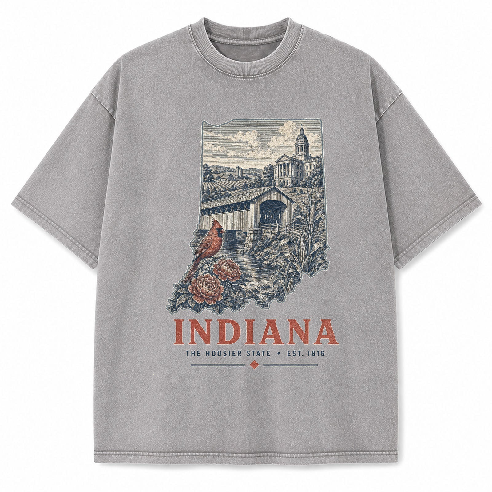 Vintage Washed Indiana Covered Bridge Graphic Tee in Light Gray, front view on a white background