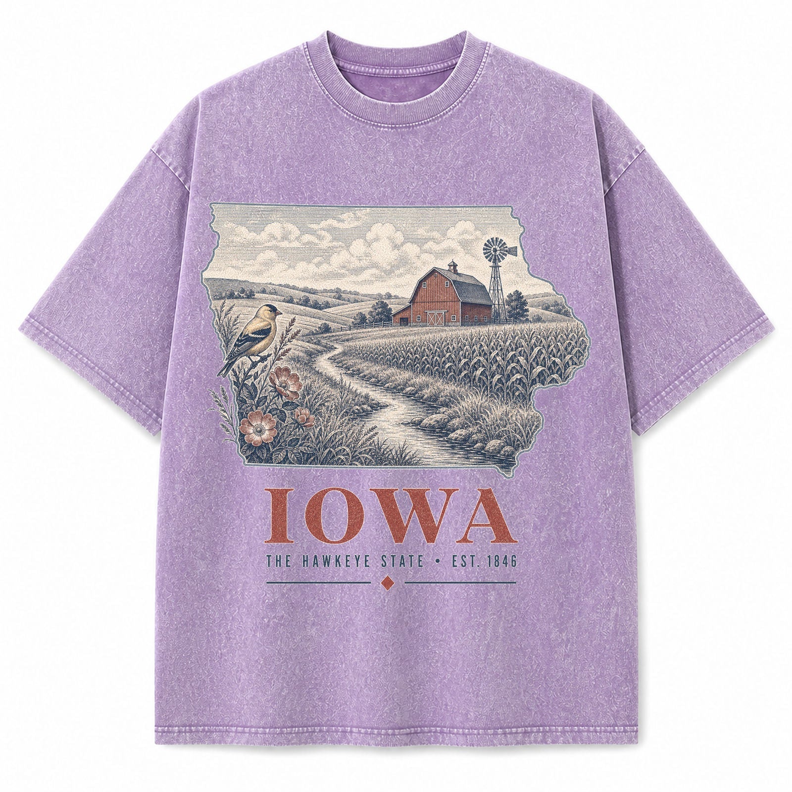 Vintage Washed Iowa Farm Graphic Tee in Purple, front view on a white background