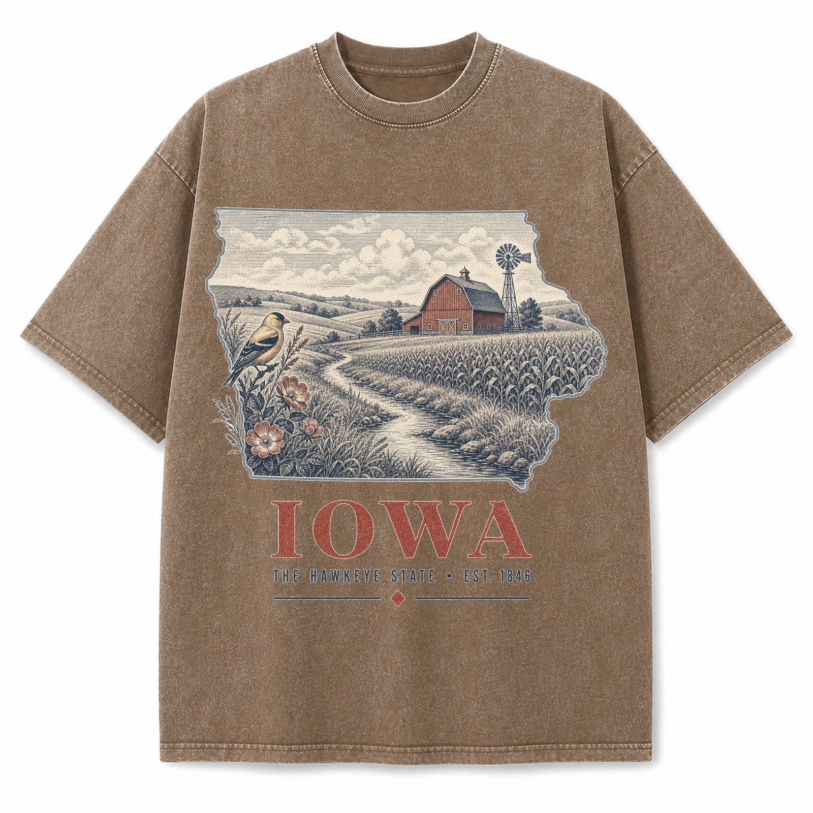 Vintage Washed Iowa Farm Graphic Tee in Brown, front view on a white background