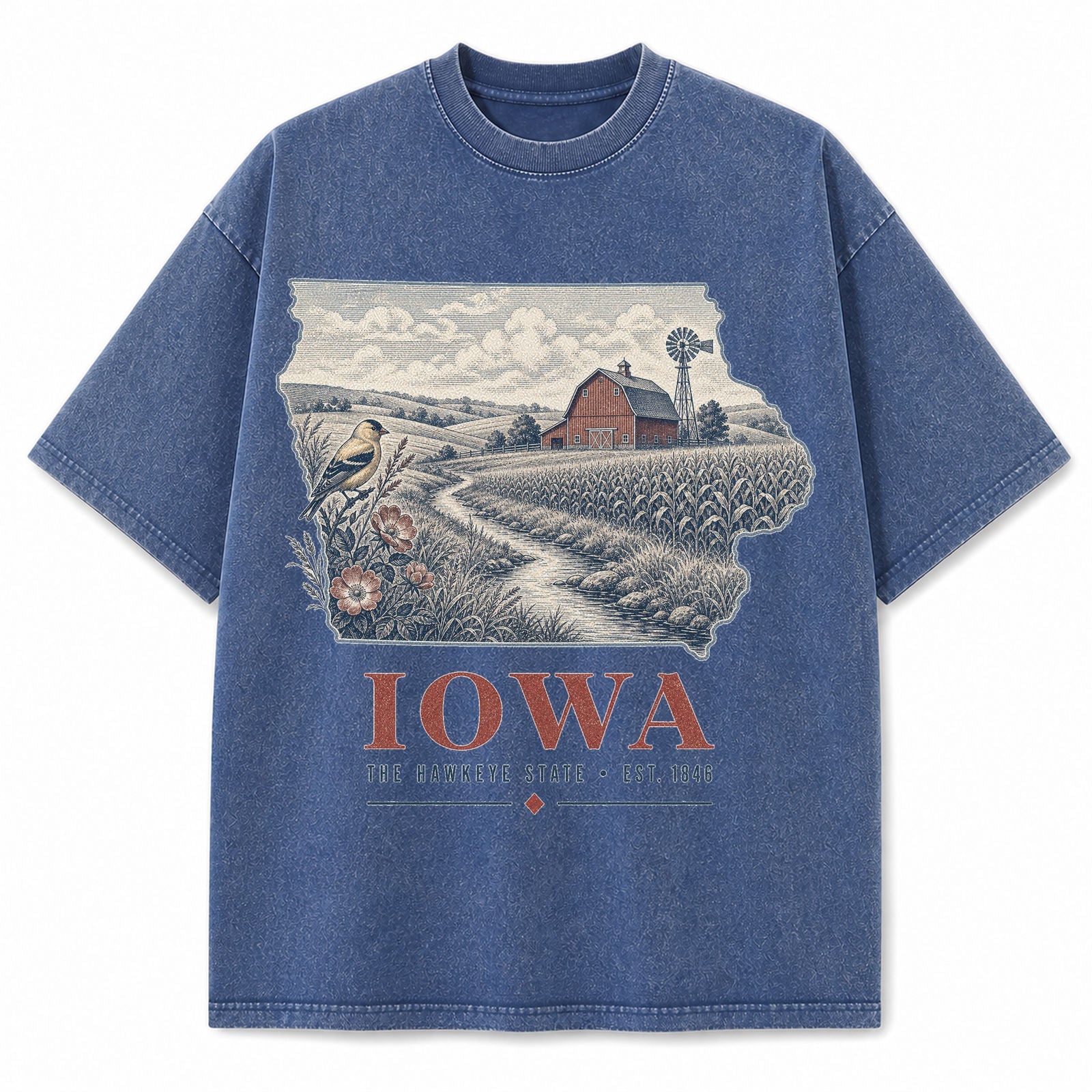 Vintage Washed Iowa Farm Graphic Tee in Blue, front view on a white background