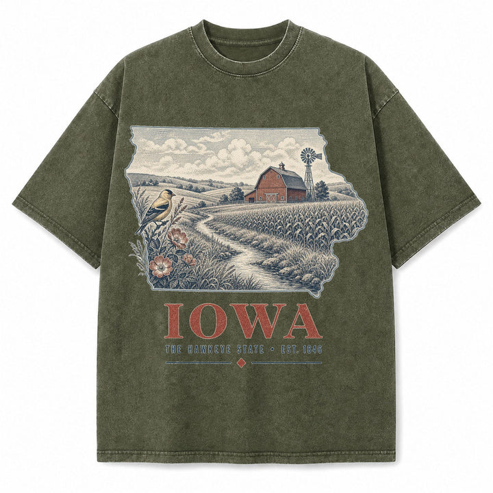 Vintage Washed Iowa Farm Graphic Tee in Military Green, front view on a white background