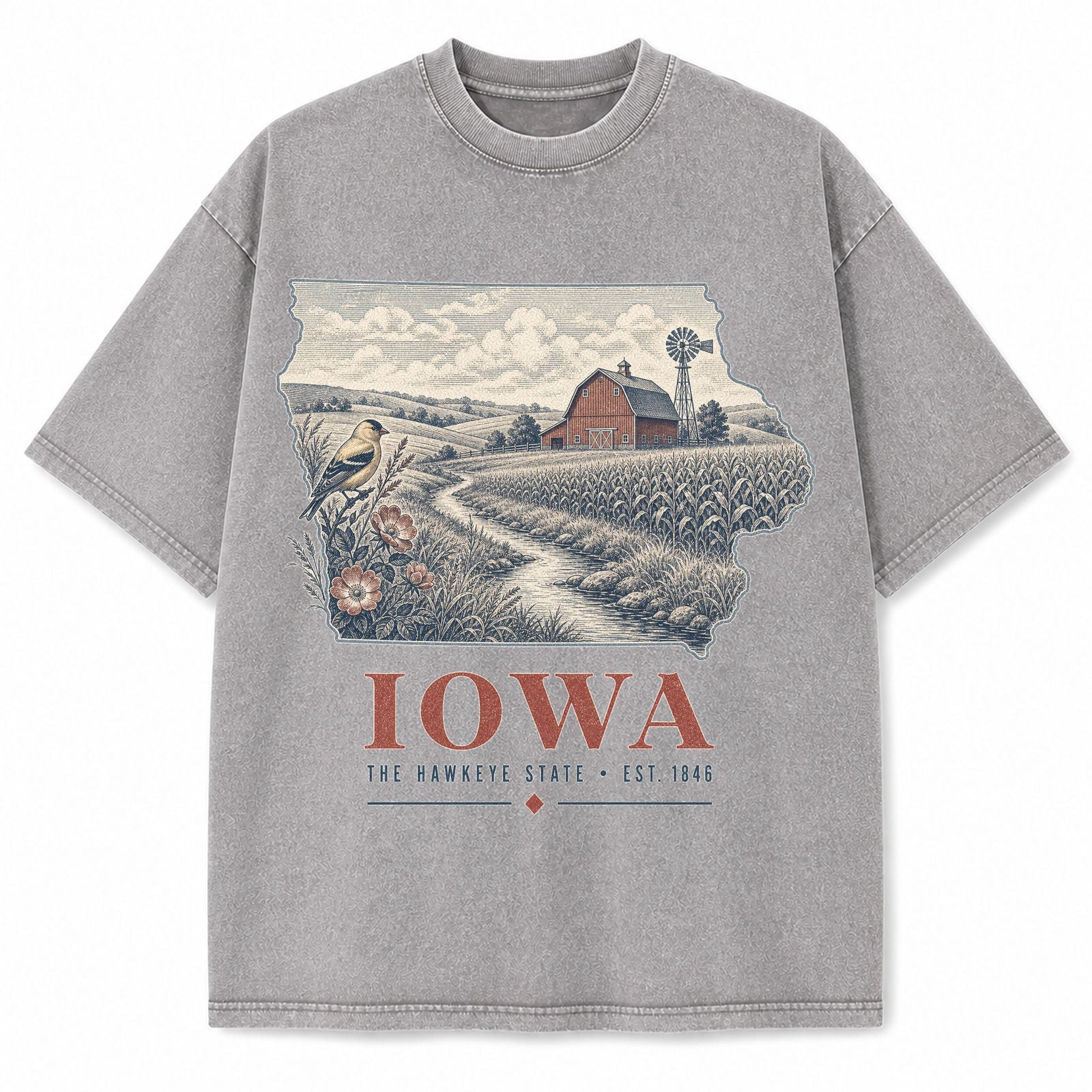 Vintage Washed Iowa Farm Graphic Tee in Light Gray, front view on a white background