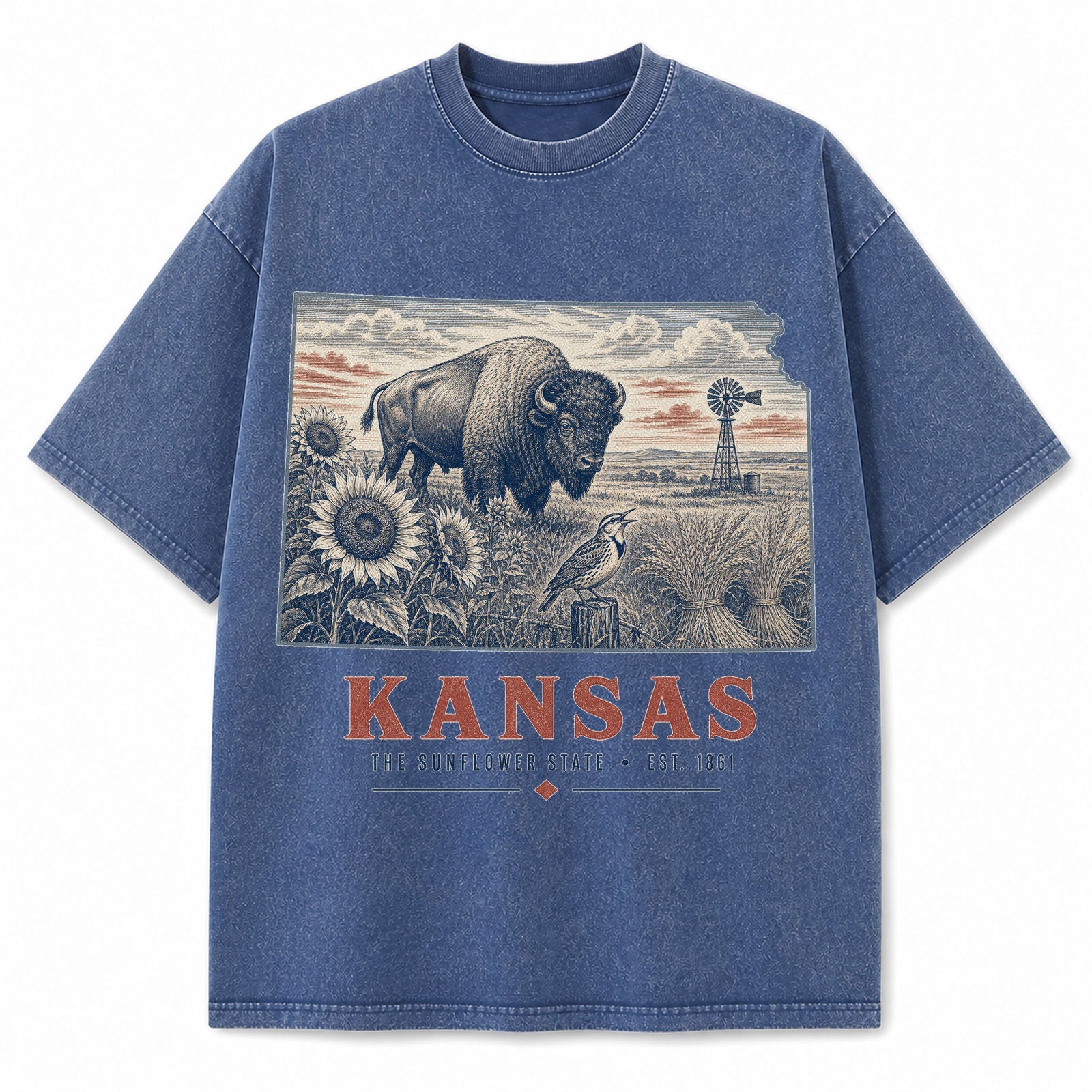 Vintage Washed Kansas Bison Graphic Tee in Blue, front view on a white background