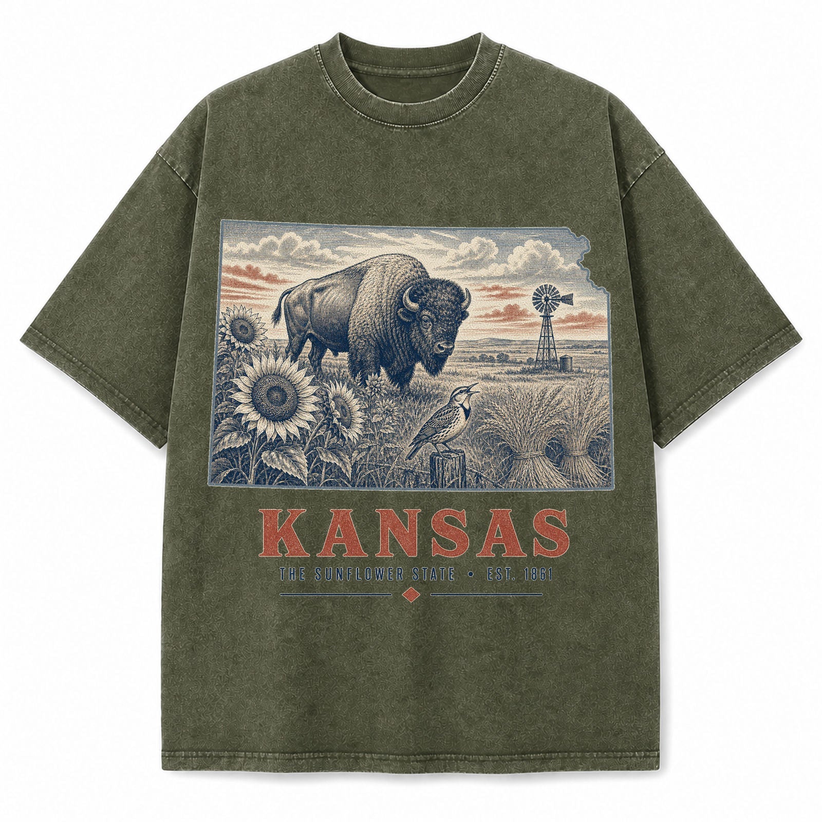 Vintage Washed Kansas Bison Graphic Tee in Military Green, front view on a white background