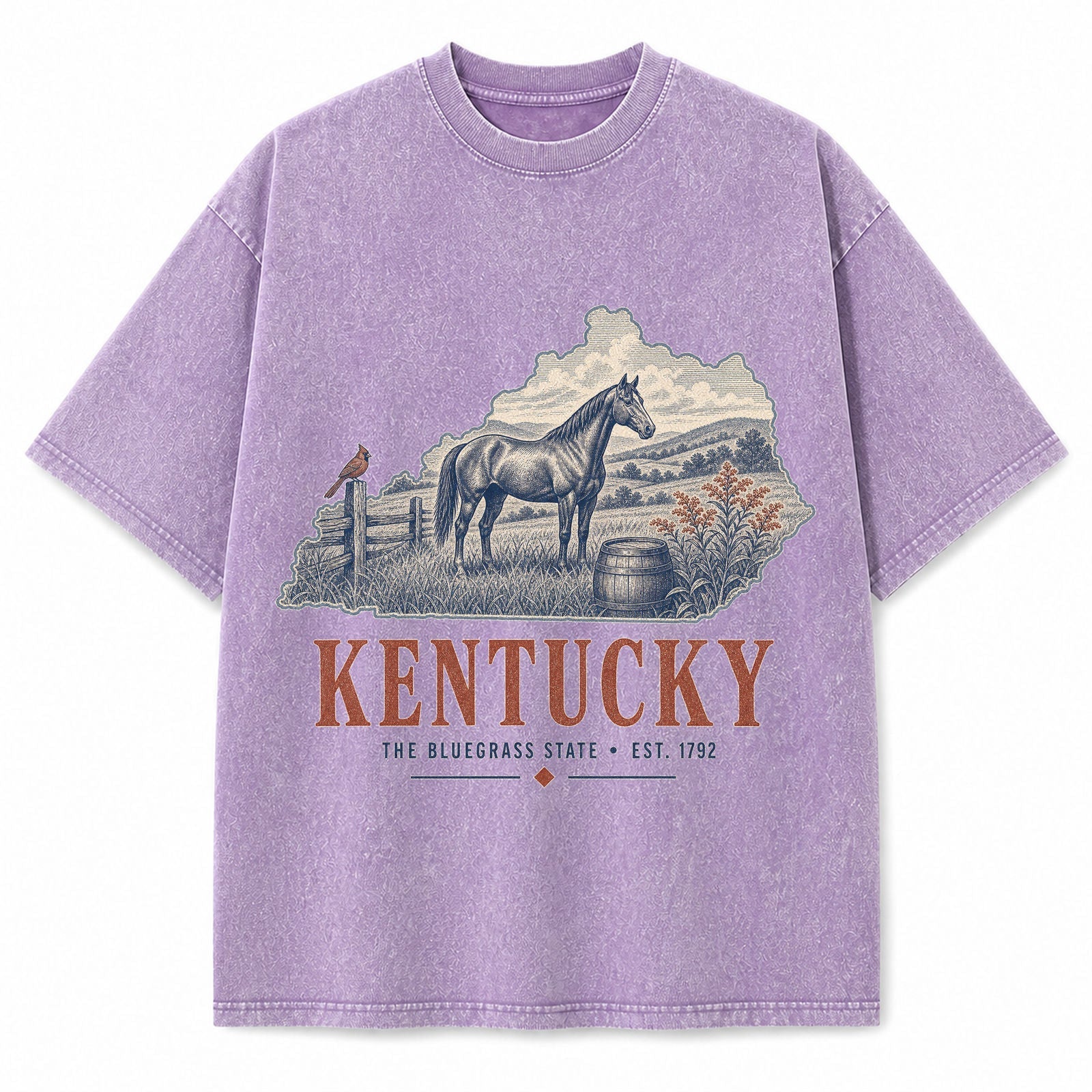 Vintage Washed Kentucky Horse Graphic Tee in Purple, front view on a white background