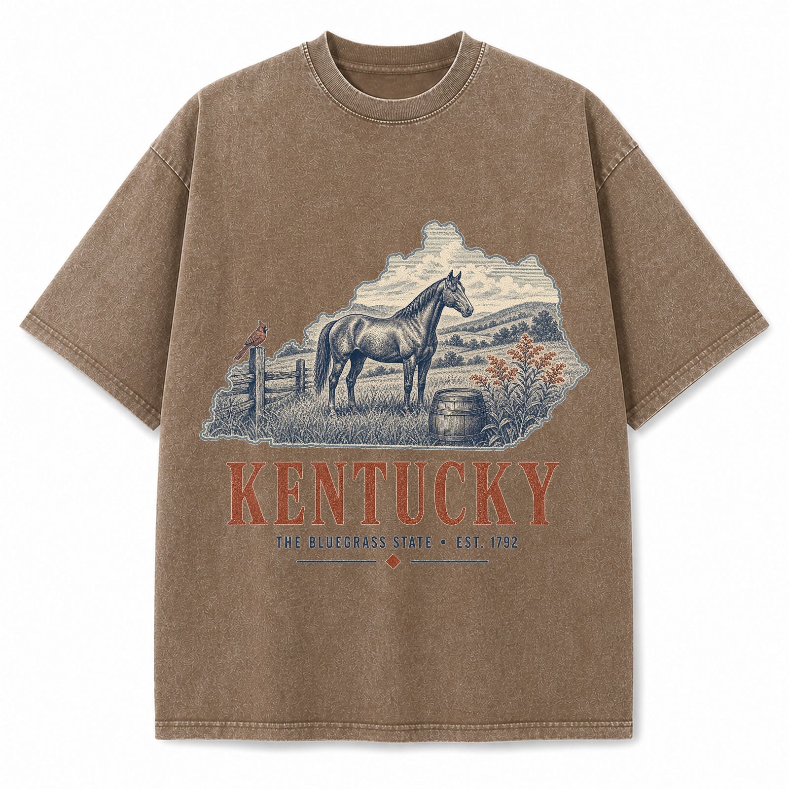 Vintage Washed Kentucky Horse Graphic Tee in Brown, front view on a white background