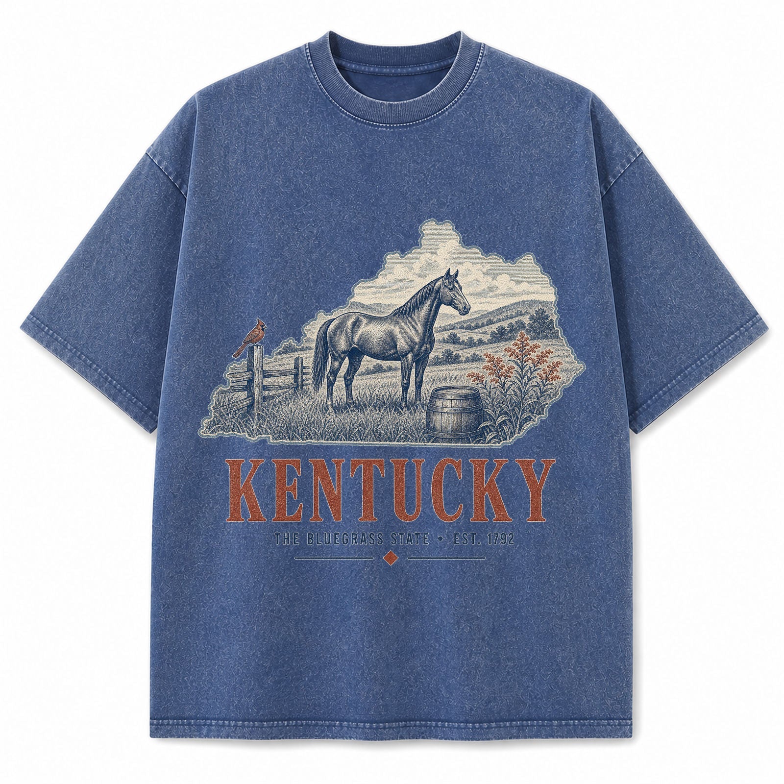Vintage Washed Kentucky Horse Graphic Tee in Blue, front view on a white background