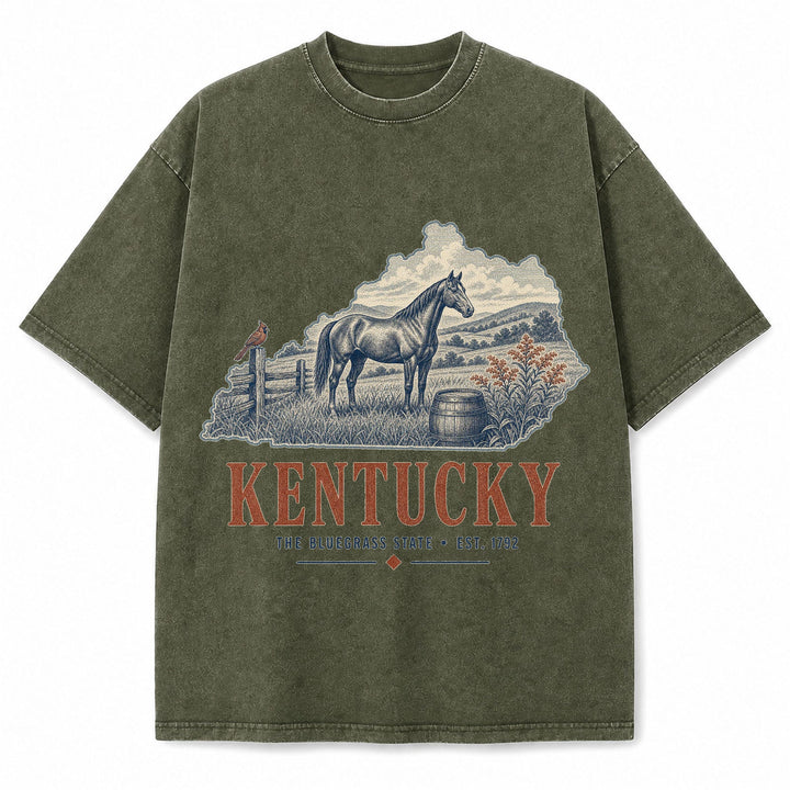 Vintage Washed Kentucky Horse Graphic Tee in Military Green, front view on a white background