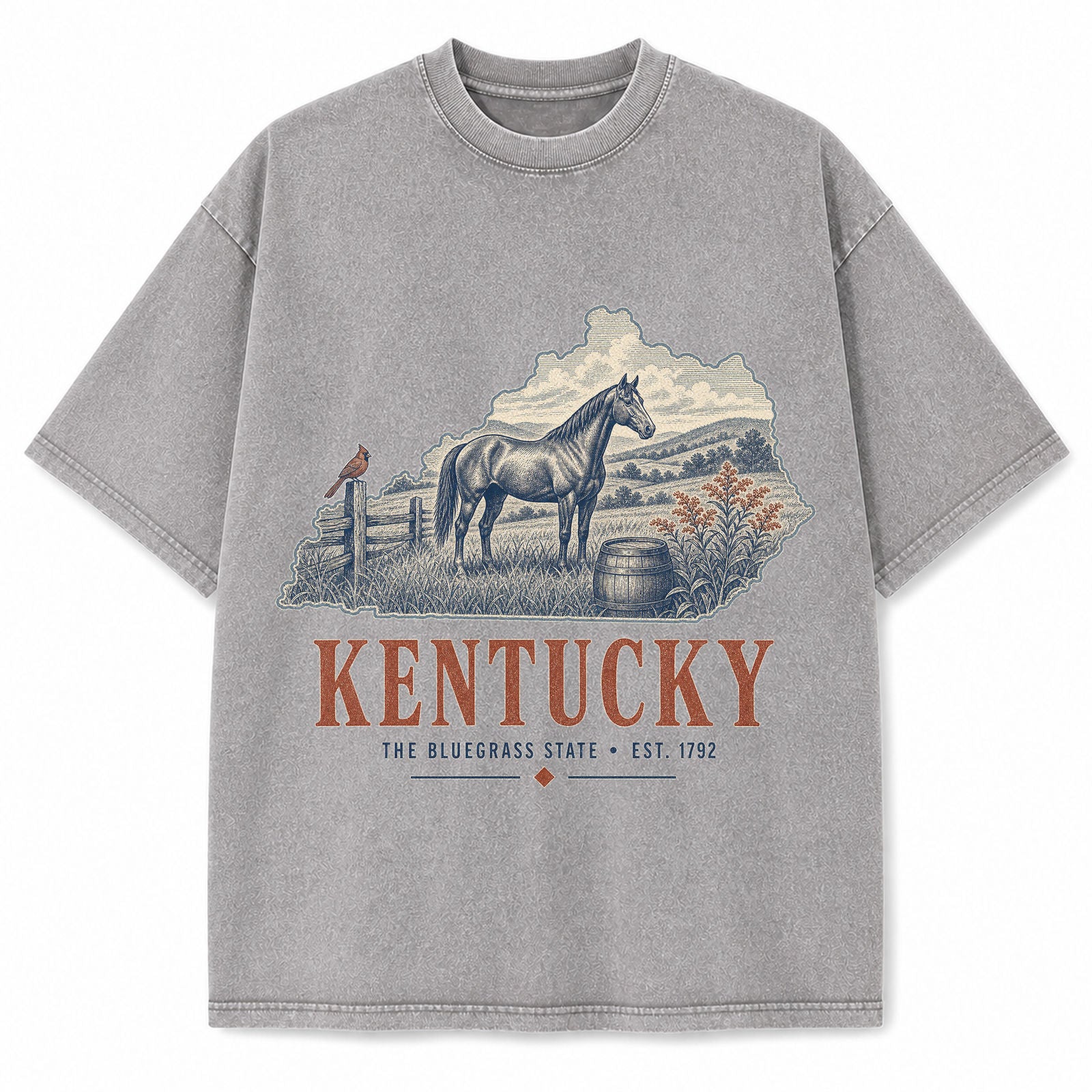 Vintage Washed Kentucky Horse Graphic Tee in Light Gray, front view on a white background