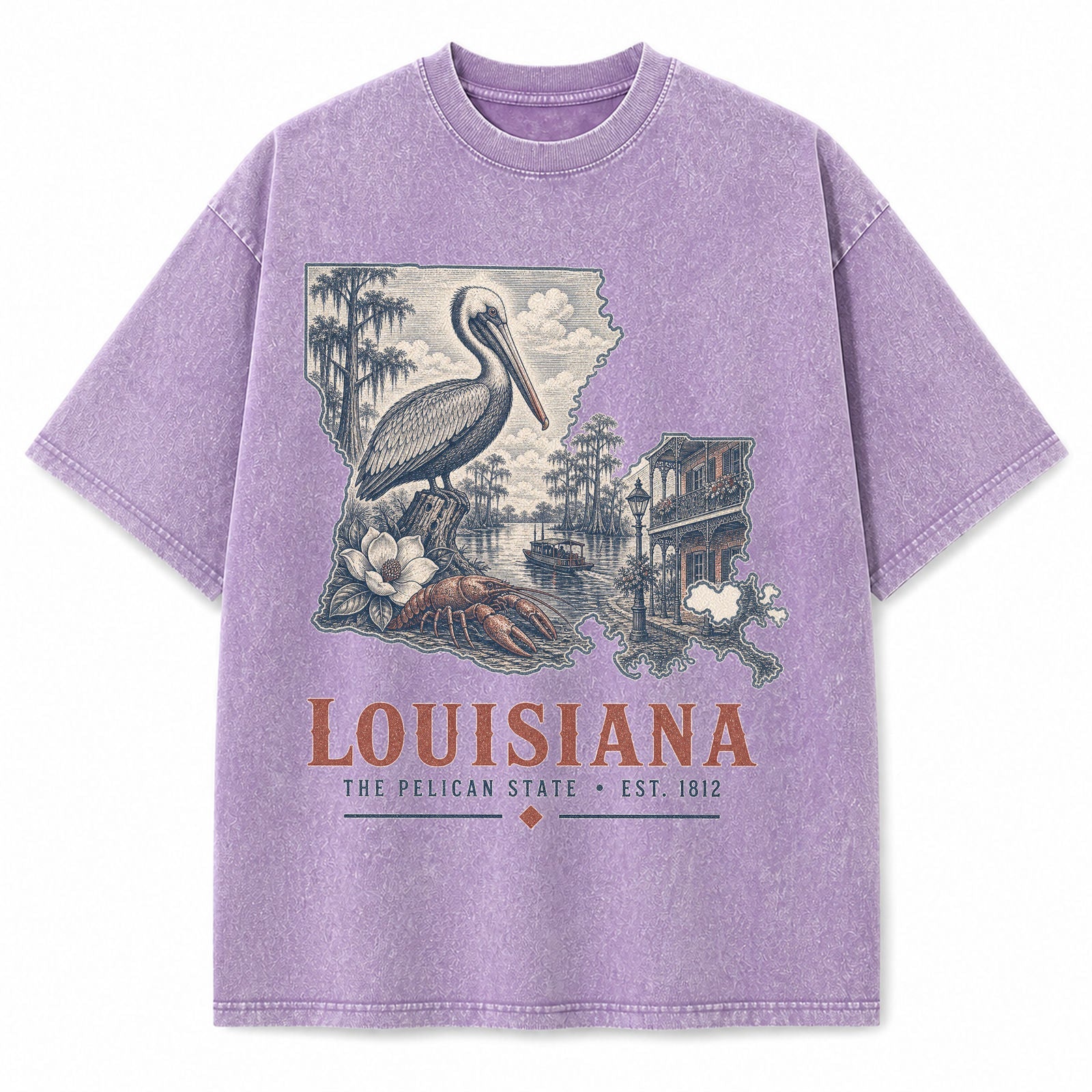 Vintage Washed Louisiana Pelican Graphic Tee in Purple, front view on a white background