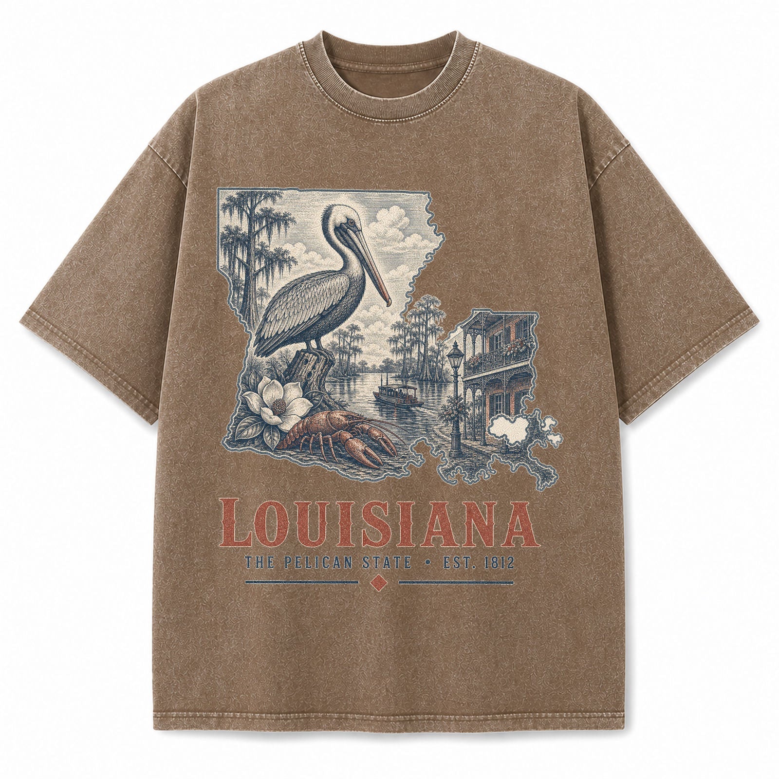 Vintage Washed Louisiana Pelican Graphic Tee in Brown, front view on a white background