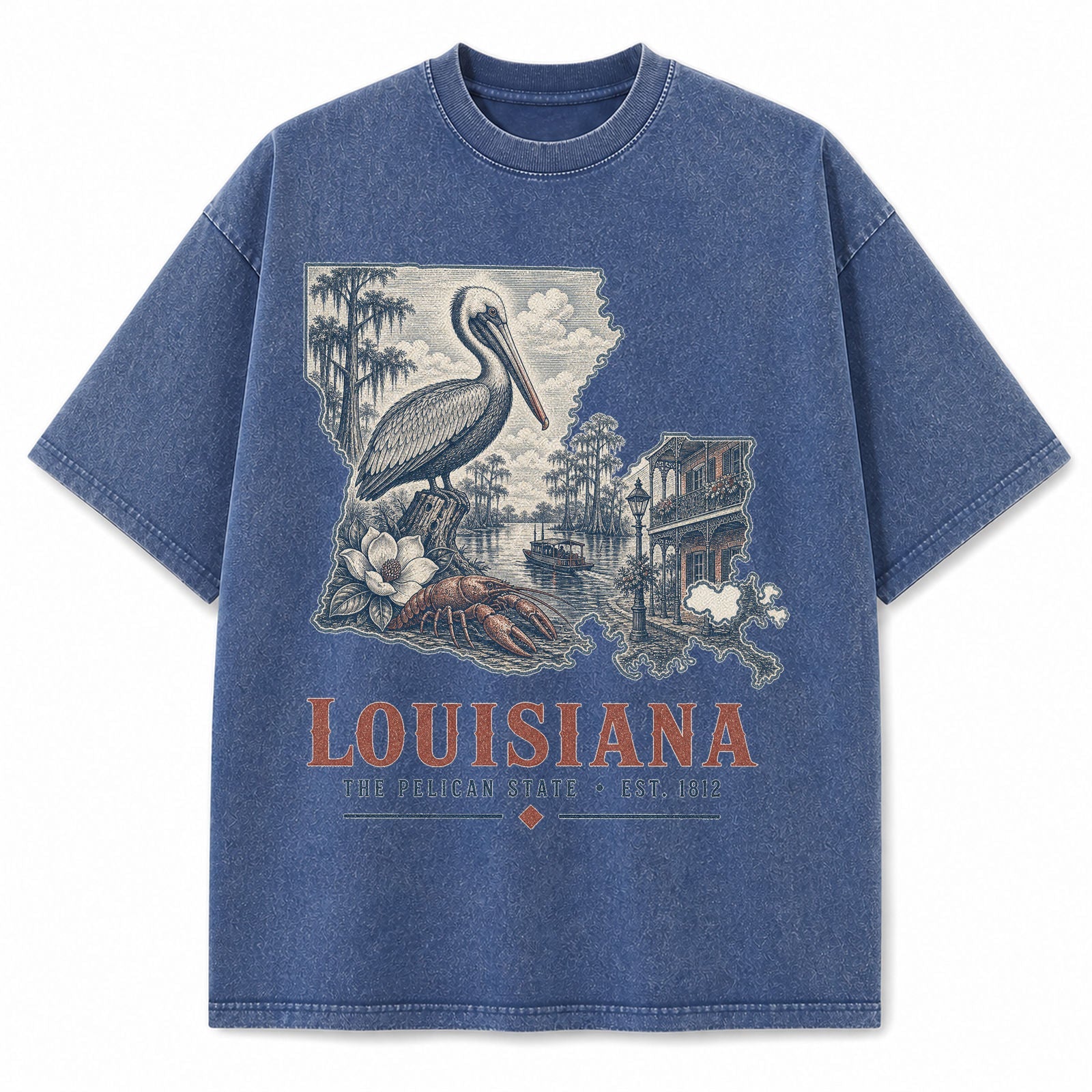 Vintage Washed Louisiana Pelican Graphic Tee in Blue, front view on a white background