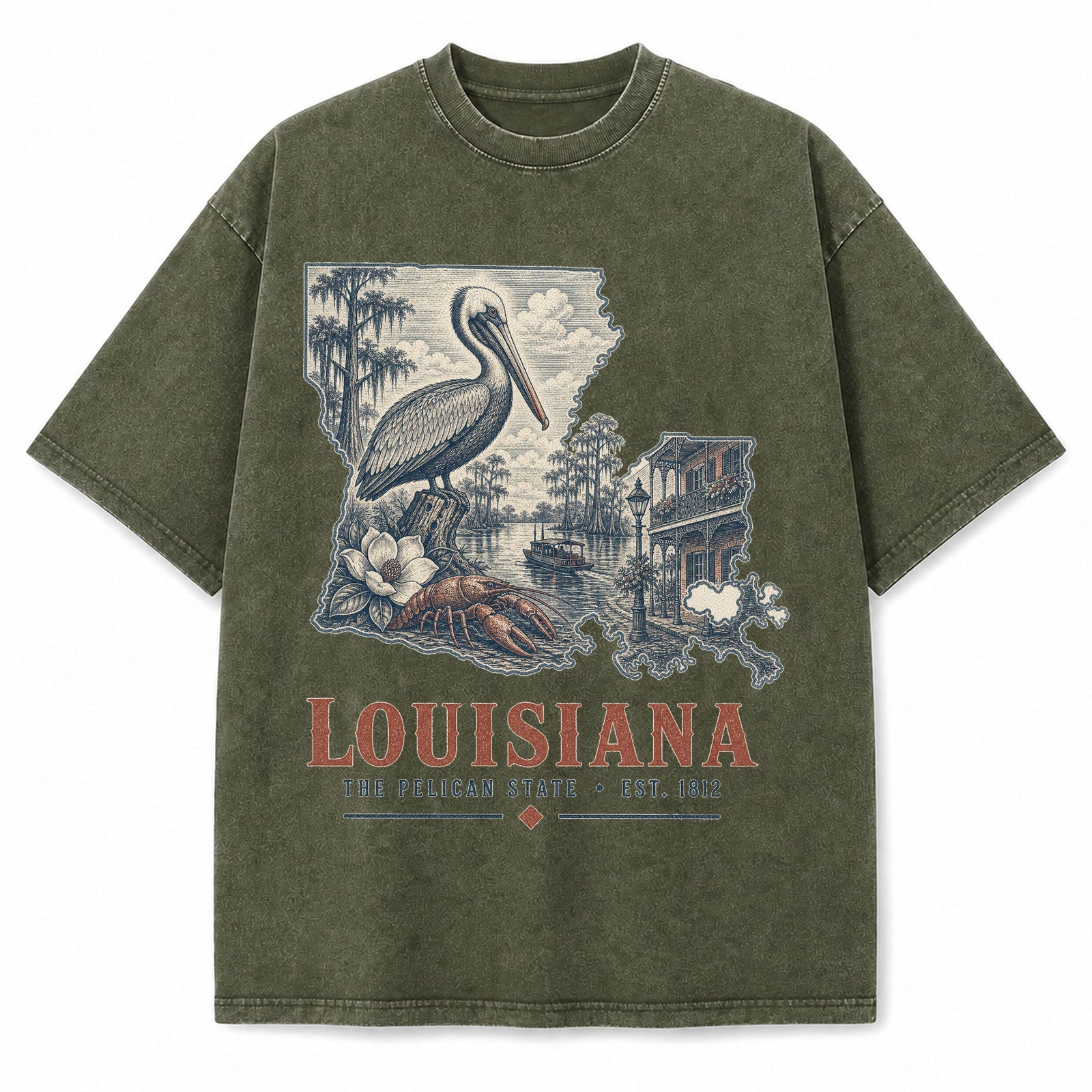 Vintage Washed Louisiana Pelican Graphic Tee in Military Green, front view on a white background