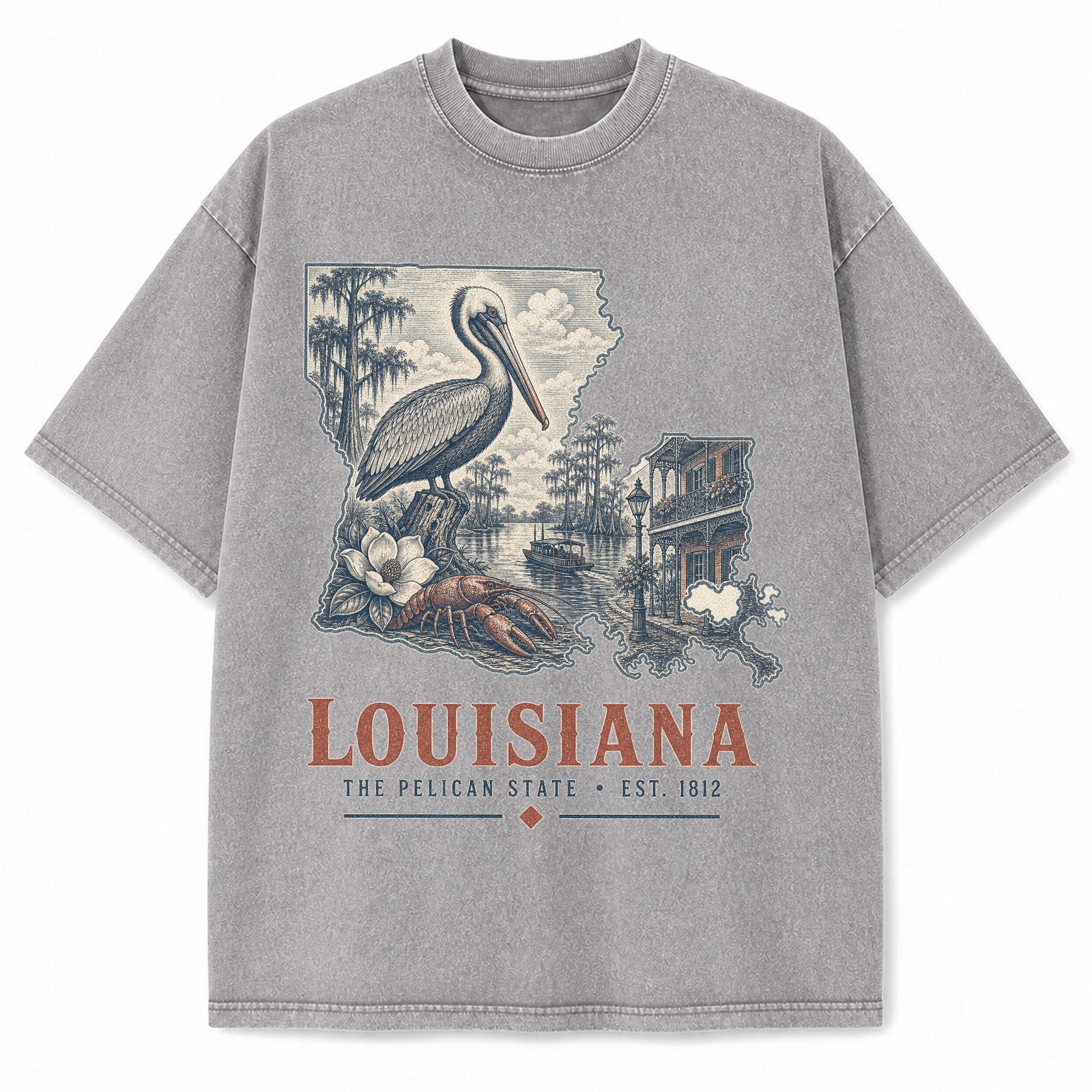 Vintage Washed Louisiana Pelican Graphic Tee in Light Gray, front view on a white background