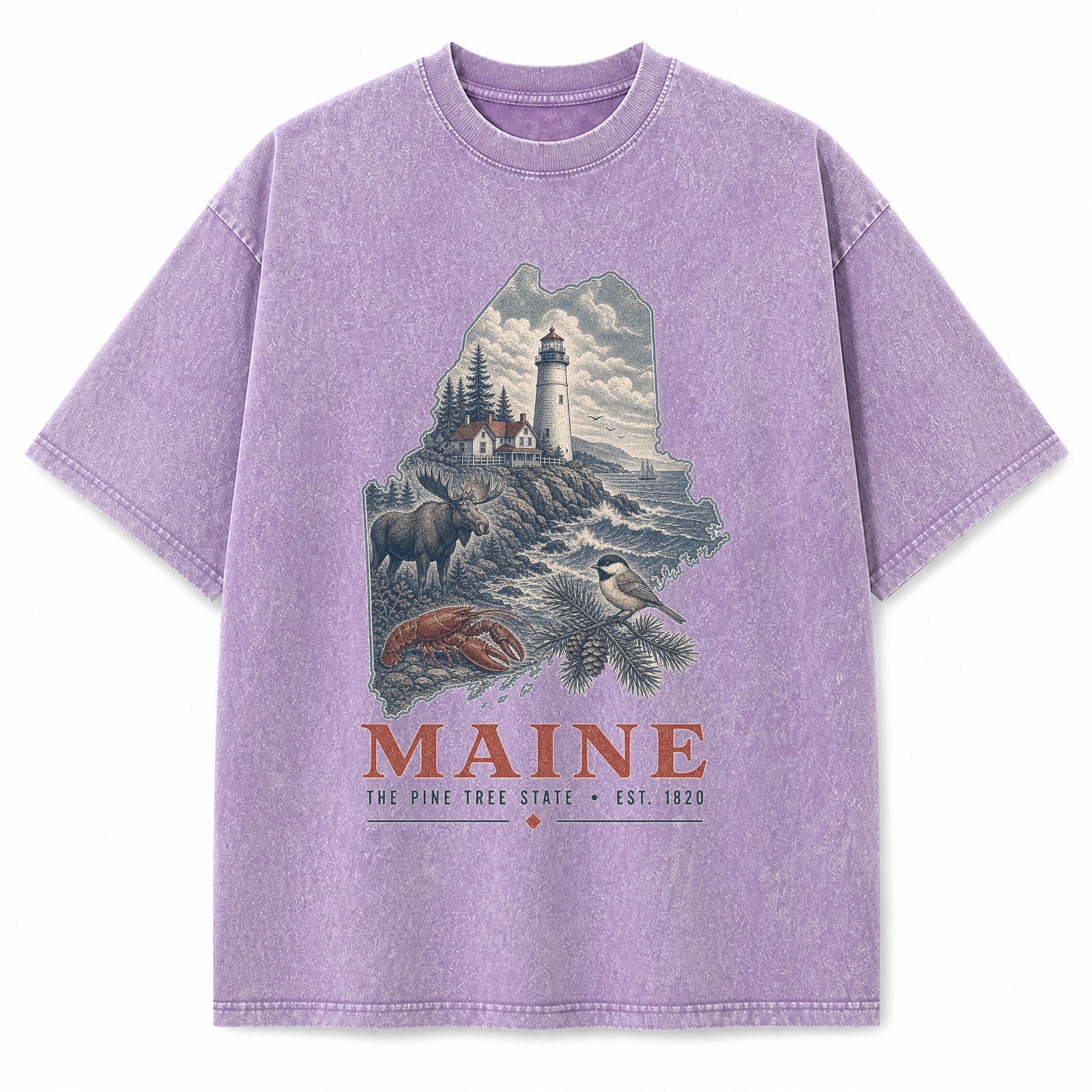 Vintage Washed Maine Lighthouse Graphic Tee in Purple, front view on a white background
